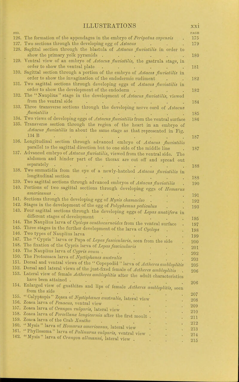 187 via. PAGE 126. The I'ormiitiou of the appendages in the embryo o( Pcripahos caiicnsis . 175 128. Sagittal section through the blastula of Astacus fluviatilis in oi'der to 129. Ventral view of an embryo of Astacus fluviatilis, the gastriila stage, in order to show the ventral plate . . . . . .181 130. Sagittal section tlirough a portion of the embryo of Astacas fluviatilis in 131. Two sagittal sections through developing eggs of Astacus fluviatilis in 132. The  Nauplius  stage in the development Astacus fluviatilis, viewed 133. Three transverse sections through the developing nerve cord of Astacus fluviatilis ......... 185 134. Two views of developing eggs of A.stacus fluviatilis from the ventral surface 186 135. Transverse section through the region of the heart in an embryo of Astacus fluviatilis in about the same stage as that represented in Fig. 134 B 136. Longitudinal section through advanced embryo of Astacus fluviatilis parallel to the sagittal direction but to one side of the middle line . 187 137. Advanced embryo of Astacus fluviatilis, viewed from the ventral side. The abdomen and hinder part of the thorax are cut off and spread out separately . . . . . . _ _ 188 138. Two ommatidia from the eye of a newly-hatched Astacus fluviatilis in longitudinal section 188 139. Two sagittal sections through advanced embryos of Astacus fluviatilis . 190 140. Portions of two sagittal sections through develoj)ing egg's of Romarus americamis ....... jgj 141. Sections through the develoinng egg of J/i/sis ctemacZeo . . .192 142. Stages in the development of the egg of PoZ2/^A«m2<s^c«^4CT«ZMs . .193 143. Four sagittal sections through the developing eggs of Zebras anaUfcra in different stages of development .... I95 144. The Nauplius larva of Ci/c^ojjs ca?iWiocar»o«cs from the ventral surface . 197 145. Three stages in the further development of the larva of Ci/cZops . . 193 146. Two types of Fauplius larva .... I99 147. The  Cypris  larva or Pupa of Lepas faseicularis, seen from the side . 200 148. The fixation of the Cypris larva of Xe^«s/ascM2<Zaris . . .201 149. The Nauplius larva of Cypris ovum 202 150. The Protozoaea larva of NyctipJianes australis . . 203 151. Dorsal and ventral views of the  Copepodid  larva of Actkercs amUoplitis 205 152. Dorsal and lateral views of the just-fixed female of Adheres amUoplitis 206 lo3. Lateral view of female Adheres amUoplitis after the adult characteristics have been attained .... 154. Enlarged view of gnathites and lips of fenuile Adheres amUoplitis, seen irom the side ... 15.5. ''Galyptopis Zqaea of iVyc^iyi«MM«MsimZM, lateral view  ' 2O8 156. Zoaea larva of Penaeus, ventral view . . _  209 157. Zoaea larva of Crangon vulgaris, lateral view 158. Zoaea larva o( Porcellam longicornia after the lirst moult 159. Zoaea larva of the Crab Xantho 160.  Mysis  larva of Iloviarus amcricanus, lateral view 161. Phyllosoma larva of Palinurus vuh/aris, ventral view 162.  l<\ys.[n \a.vva. of Cra.ngon allmanni, lateral view 206 207 210 211 212 213 214 216