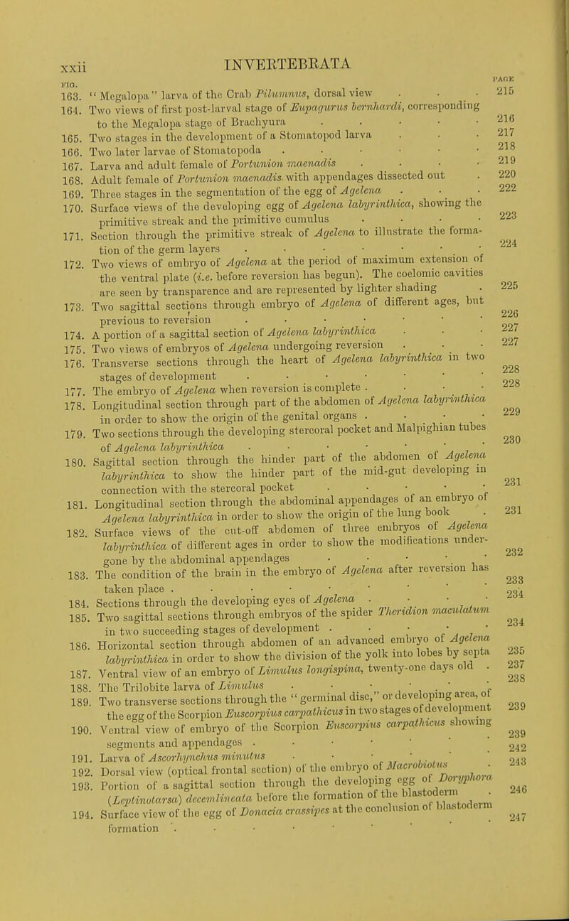 163. Megalopa larva of the Crab PtZimviKS, dorsal view . . . 21j 164. Two views of first i)ost-larval stage of Eupaciurus hernhardi, corresponding to the Megalopa stage of Brachyura . . • • .216 165. Two stages in the development of a Stoniatopod larva . . .217 166. Two later larvae of Stomatopoda . . • • • .218 167. Larva and adult female of Pot'<imwo?4 maejiacZw . • • .219 168. Adult female of Portunion macnadis. with appendages dissected out . 220 169. Three stages in the segmentation of the egg of Agelena . ■ . ooo 170. Surface views of the developing egg Agelena lahyrinihica, showing the primitive streak and the primitive cumulus .... 171. Section through the primitive streak of Agelena to illustrate tlie forma- tion of the germ layers ■ ' ' ' ' e 172. Two views of embryo of Agelena at the period of maximum extension of the ventral plate {i.e. before reversion has begun). The coelomic cavities are seen by transparence and are represented by lighter shading 173. Two sagittal sections through embryo of Agelena of different ages, but previous to reversion 174. A portion of a sagittal section of Agelena labijHnthiea 175 Two views of embryos of Agelena undergoing reversion 176. Transverse sections through the heart of Agelena labyrinthica m two stages of development 177 The embryo of Agelena when reversion is complete . ■ ■ • 178! Longitudinal section through part of the abdomen o{ Agelena labyrinthica in order to show the origin of the genital organs . . • • 179. Two sections through the developing stercoral pocket and Malpighian tubes of Agelena labyrinthica 180. Sagittal section through the hinder part of the abdomen of Agelena labyrinthica to show the hinder part of the mid-gut developing in connection with the stercoral pocket . ■ • ' , V 181. Longitudinal section through the abdominal appendages of an embryo ot Agelena labyrinthica in order to show the origin of the lung book . 182 Surface views of the cut-off abdomen of three embryos of Agelena labyrinthica of different ages in order to show the modifications under- gone by the abdominal appendages • • ■ • ' 183. The condition of the brain in the embryo of Agelena after reversion has 222 223 224 225 226 227 227 228 228 229 230 231 231 232 233 taken place . . 184. Sections through the developing eyes of ^fifcteia. . • • • 185. Two sagittal sections through embryos of the spider ThMon nmcxdaium in two succeeding stages of development . . • „' , , ' 186. Horizontal section through abdomen of an advanced embryo Agelena labyrinthica in order to show the division of the yolk into lobes by septa 187. Ventral view of an embryo of Limuhis longispina, twenty-one days old . 188. The Trilobite larva of Limulus . ■ ■  , . ' „ 189. Two transverse sections through tlie  germinal disc, or developing area, of the egg of the Scorpion Euscorpius carpathicus in two stages of development 190. Ventral view of embryo of the Scorpion Enscorpius carpathicus showing segments and appendages 191. lioxva, oi Ascorhynchus minulus . ■ '94^ 192. Dorsal view (optical frontal section) of the embryo of Macrobiotus . 193. Portion of a sagittal section through the developing egg oiDoi Jph.^a (Leptinotarsa) decevdineata bclbrc the formation of the Wastodm . 194. Surface view of the egg of Donacia crassipes at the conclusion of blastodeim formation '. 234 235 237 238 239 239 247