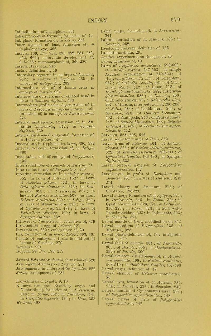 Infundibulum of C'teuopliora, 561 Inhaleiit pores of Orantia, formation of, 43 luk-glauil, formation of, iu Lolic/o, 358 Inner segment of lens, formation of, in C'ephalopod eye, 366 Insecta, 169, 177, 204, 281, 282, 284, 285, 652, 662 ; embryonic development of, 245-266 ; metamorphosis of, 266-280 Insecta Hexapoda, 245 lustar, definition of, 19 Intercalary segment in embryo of Donacia, 252; in embryo of Lepisma, 265 ; iu embryo of Scolopendra, 282 Intermediate cells of Molluscan cross iu embryo of Patella, 294 Intermediate dorsal arms of ciliated band in larva of Synapta digitata, 533 Intermediate girdle-cells, degeneration of, iu larva of Polygordius appendiculalus, 149 ; formation of, in embryo of Phascolosmna, 374 Internal madreporite, formation of, iu An- tarctic CuGumaria, 542 ; iu Synapta digitata, 539 Internal perihaemal riug-canal, formation of, iu Asterina gibhosa, 475 Internal sac in Cyphonautes larva, 390, 392 Internal yolk-sac, formation of, in Loligo, 360 Inter-radial cells of embryo of Polygordius, 135 luter-radial lobe of stomach of Aurelia, 71 luter-radius in egg of Polygordius, 135 Intestine, formation of, iu Antedon rosacea, 552; in larva ol Asterias, 462 ; iu larva of Asterina gibbosa, 472 ; iu larva of Balanogloss^is clavigerus, 573 ; in I)en- taliiim, 328 ; in Dreissensia, 337 ; in larva of Echinus esatlentiis, 508 ; in adult Echinus esculentiis, 520 ; in Loligo, 364 ; iu larva of Membranipora,, 390 ; iu larva of Ophiothrix fragilis, 487 ; in larva of Pedicellina ecldnata, 400 ; iu larva of Synapta digitata, 532 Introvert of Phascolosuma, formation of, 379 Invagination in eggs of Astacus, 181 Invertebrata, 662 ; embryology of, 30 Iris, formation of, in eye of Loligo, 363, 367 Islands of embryonic tissue in mid-gut of larvae of Muscidae, 279 Lsopleura, 291 Lsopoda, 22, 177, 193, 219 Jaws oi Echinus esculentiis, formation of, 520 Jaw-regiou of embryo of Donacia, 251 Jaw-segments in embryo of Scolopendra, 282 Jv.lus, development of, 284 Karyokinesis of zygote, 9, 10 Kidneys {see also Excretory organ and Nephridium), formation of, in Dreissensia, 343 ; in Loligo, 362 ; in Paludina, 314 ; in Peripatiis cupensis, 174 ; iu Unio, 353 Kroknia, 428 Labial palps, formation of, in Dreissensia, 344 Labrum, formation of, in Astacus, 183 ; iu Donacia, 252 Laeotropio cleavage, definition of, 105 Lamellibrauchiata, 291 Laodice, experiments on the eggs of, 96 Larva, definition of, 19 Larva of Amphioxus lanceolatus, 593-600 ; of A ntedon rosacea, 547-553; of simple Ascidinu organizatiou of, 619-622 ; of Asterina gibbosa, 472-477 ; of Coleoptera, 287 ; of Cribrella ocidata, 481 ; of Cucu- maria planci, 542 ; of Desor, 118 ; of Dolichoglossus kowalevsldi, 582; oiDolicho- glossus pusillus, 583 ; of Do7iacia, 200 ; of Bchinodermata, 287 ; Gcderucella ulnii, 207 ; of Insecta, interpretation of, 286-288 ; of ,hdus, 284 ; of Lepidoptera, 266 ; of Muscidae, 278 ; of Ophiura brevispina, 502 ; of Pautopoda, 243 ; of Pentastomida, 242 ; of Sagitta bipunctata, 433 ; Solasicr endeca, 481, 482 ; of Terebratvlina sejden- tnoncdis, 412 Larvacea, 568, 608, 646 Larval adductor muscle of Unio, 352 Larval arms of A stcrias, 464 ; of Balano- glossus, 576 ; ol Echinocardium cordatum, 522 ; of Echinus esculentus, 508-511 ; of Ophiothrix fragilis, 488-490 ; of Synapta digitata, 533 Larval cerebral ganglion of Polygordixis apipendicidatns, 147 Larval eyes iu grubs of Doryphoro, and Donacia, 261 ; in grubs of Dytiscus, 273, 274 Larval history of Auomura, 216 ; of Crustacea, 196-220 Larval kidney, formation of, ot Aplysia, 324 ; in Dreissensia, 340 ; in Fiona., 324 ; in Opisthobranchiata, 323, 324 ; iu Paludina, 310, 323 ; in Physa, 323 ; iu fresh-water Prosobranchiata, 323 ; iu Pulmonata, 323 ; in Umbrella, 324 Larval mantle of Unio, modification of, 352 Larval niesodenu of Polygordius, 135 ; of Mollusca, 323 Larval phase, definition of, 19 ; interpreta- tion of, 649 Larval shell of Acmaea, 304 ; of Fissurella, 305 ; of Tloliotes, 305 ; oi Membranipam, 392 ; of I'atella, 300 Larval skeleton, development of, in Ampki- ura squamata, 498 : in Echinus esculentus, 508-510 ; in Ophiothrix fragilis, 487-490 Larval stages, definition of, 19 Lateral chamber of Urticina crassicomis 80 Lateral eyes, formation of, in Agdena, 232- 234 ; in Limuhts, 237 ; in Scorpion, 240 Lateral muscles of Cyphonautes larva, 393 ; of Polygordius opjicndiculalus, 148 Lateral nerves of larva of Polygordius appendiculatus, 147