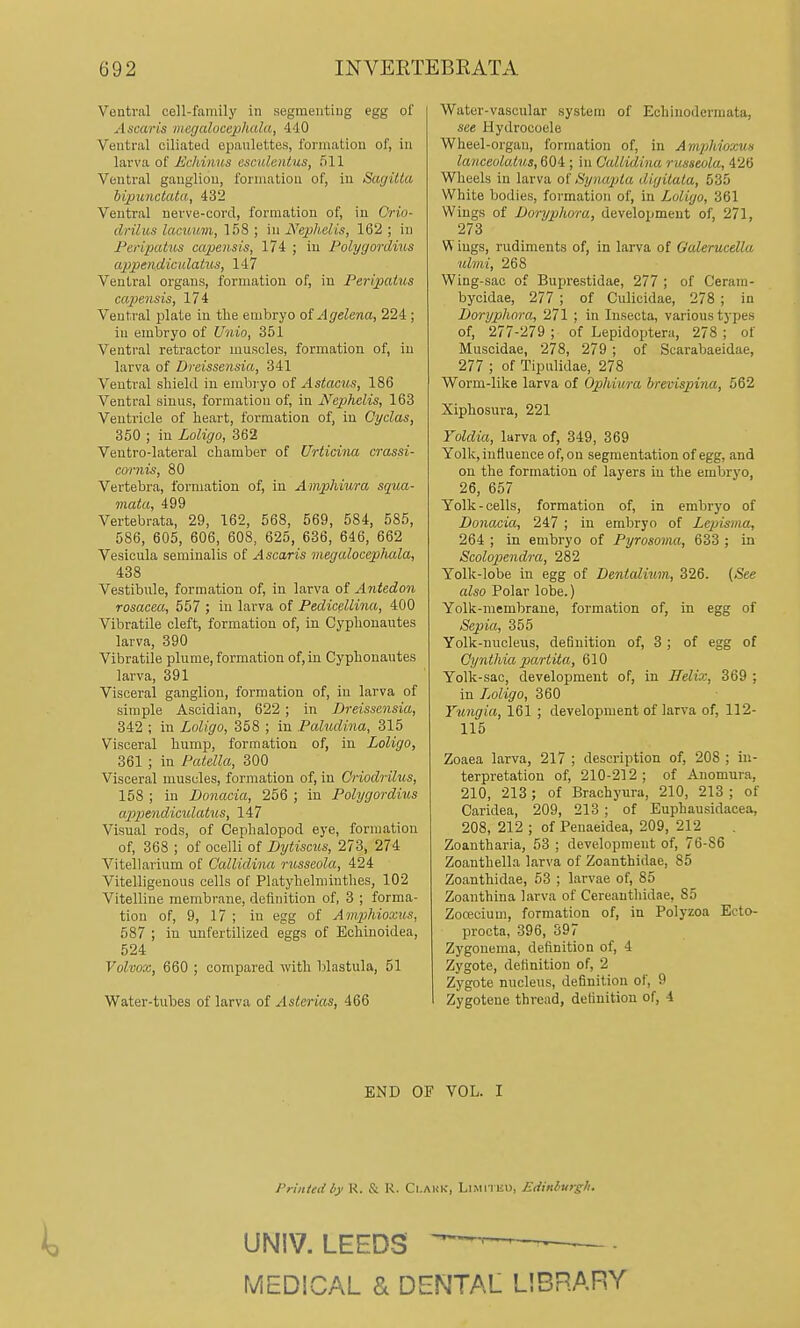 Ventral cell-family in segmenting egg of Asccwis megalocephala, 4-10 Ventral ciliated epanlettes, formation of, in larva of Ecldnus esculentus, 511 Ventral ganglion, formation of, in Sagilta hipunctata, 432 Ventral nerve-cord, formation of, in Criu- drilus lacuHin, 158 ; in Nephelis, 162 ; in Pei'ipatus capensis, 174 ; in Polygordius appen.diculaius, 147 Ventral organs, formation of, iu Peripatus capensis, 174 Ventral plate in the embryo otAgelena, 224 ; iu embryo of Unio, 351 Ventral retractor muscles, formation of, in larva of Dreissetisia, 341 Ventral shield iu embryo of Astaciis, 186 Ventral sinus, formation of, in Nephelis, 163 Ventricle of heart, formation of, in Oydas, 350 ; in Loligo, 362 Ventro-lateral chamber of Urticina crassi- cornis, 80 Vertebra, formation of, in Amphiura squa- mata, 499 Vertebrata, 29, 162, 568, 569, 584, 585, 586, 605, 606, 608, 625, 636, 646, 662 Vesicula seminalis of Ascaris megcdoceplucla, 438 Vestibule, formation of, in larva of Antedo7i rosacea, 557 ; in larva of Pedicellina, 400 Vibratile cleft, formation of, in Cyphouautes larva, 390 Vibratile plume, formation of, in Cyphonautes larva, 391 Visceral ganglion, formation of, in larva of simple Ascidian, 622 ; in Dreissensia, 342 ; in Loligo, 358 ; in Paludina, 315 Visceral hump, formation of, iu Loligo, 361 ; in Patella, 300 Visceral muscles, formation of, in Criodrilus, 158 ; in Donacia, 256 ; in Polygordius appendicidatus, 147 Visual rods, of Cephalopod eye, formation of, 368 ; of ocelli of Dytiscus, 273, 274 Vitellarium of GaUidina russeola, 424 Vitelligenous cells of Platyhelminthes, 102 Vitelline membrane, definition of, 3 ; forma- tion of, 9, 17 ; in egg of Amphioxus, 587 ; in unfertilized eggs of Echinoidea, 524 Volvox, 660 ; compared with Ijlastula, 51 Water-tubes of larva of Asterias, 466 Water-vascular system of Echinodermata, see Hydrocoele Wheel-organ, formation of, in Amphioxun lanceuLatus, 604 ; in Callidina russeola, 426 Wheels in larva o( Synaida digitala, 535 White bodies, formation of, in Loligo, 361 Wings of Doryphora, development of, 271, 273 W iugs, rudiments of, in larva of Oalerucella ulmi, 268 Wing-sac of Bujirestidae, 277 ; of Ceram- bycidae, 277 ; of Culicidae, 278 ; in Doryphora, 271 ; in Insecta, various types of, 277-279 ; of Lepidoptera, 278 ; of Muscidae, 278, 279 ; of Scarabaeidae, 277 ; of Tipulidae, 278 Worm-like larva of Ophiura brevispina, 562 Xiphosura, 221 Yoldia, larva of, 349, 369 Yollc, influence of, on segmentation of egg, and on the formation of layers iu the embryo, 26, 657 Yolk-cells, formation of, in embryo of Donacia, 247 ; iu embryo of Lepiisma, 264 ; in embryo of Pyrosoma, 633 ; in Scolopendra, 282 Yolk-lobe in egg of Dentalium, 326. (See also Polar lobe.) Yolk-membraue, formation of, iu egg of Sepia, 355 Yolk-uucleus, definition of, 3 ; of egg of Oynthia xMrtUa, 610 Yolk-sac, development of, in Helix, 369 ; in Ijoligo, 360 Yungia, 161 ; development of larva of, 112- 115 Zoaea larva, 217 ; description of, 208 ; in- terpretation of, 210-212; of Anomura, 210, 213; of Brachynra, 210, 213 ; of Caridea, 209, 213 ; of Euphausidacea, 208, 212 ; of Penaeidea, 209, 212 Zoantharia, 53 ; development of, 76-86 Zoanthella larva of Zoanthidae, 85 Zoanthidae, 53 ; larvae of, 85 Zoanthina larva of Cereauthidae, 85 Zocecium, formation of, in Polyzoa Eeto- procta, 396, 397 Zygonema, definition of, 4 Zygote, definition of, 2 Zygote nucleus, definition of, 9 Zygotene thread, definition of, 4 END OF VOL. I Printed hy K. & R. Ci.akk, LiMi riii), EdMurgh. UNIV. LEEDS MEDICAL & DENTAL LIBRARY