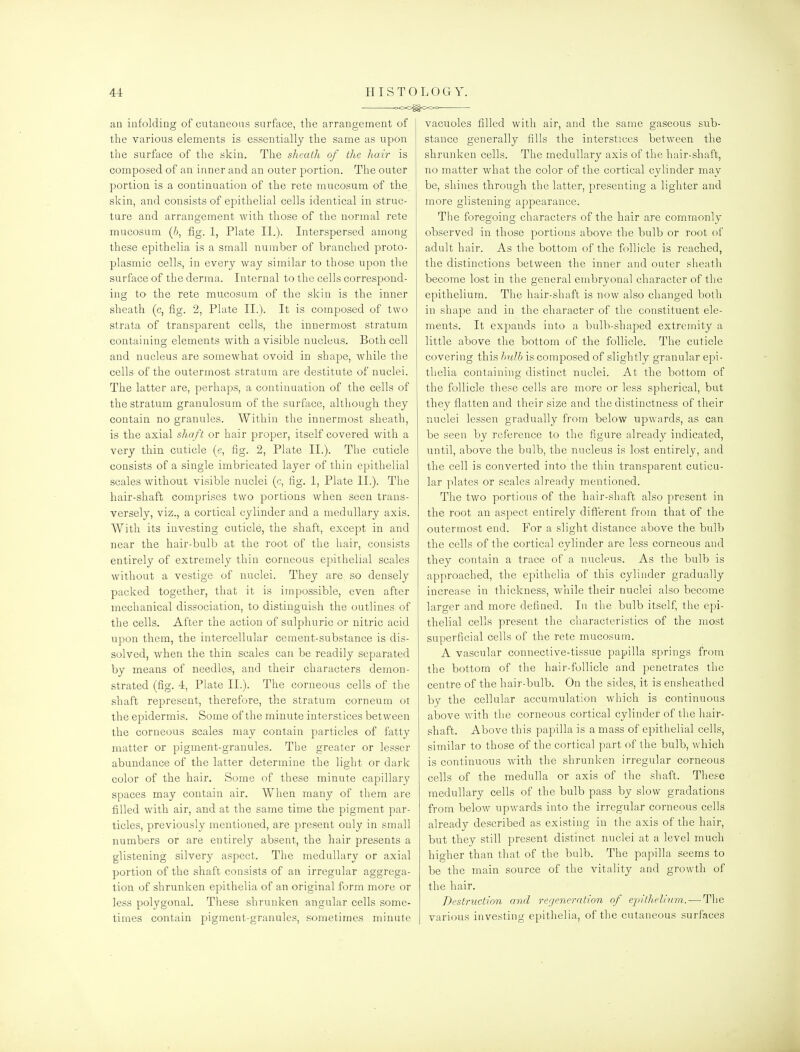 ^>oo^oo<= an infolding of cutaneous surface, the arrangement of the various elements is essentially the same as upon the surface of the skin. The sheath of the hair- is composed of an inner and an outer portion. The outer portion is a continuation of the rete mucosum of the skin, and consists of epithelial cells identical in struc- ture and arrangement with those of the normal rete mucosum (/;, fig. 1, Plate II.). Interspersed among these epithelia is a small number of branched proto- plasmic cells, in every way similar to those upon the surface of the derma. Internal to the cells correspond- ing to the rete macosum of the skin is the inner sheath (c, fig. 2, Plate II.). It is composed of two strata of transparent cells, the innermost stratum containing elements with a visible nucleus. Both cell and nucleus are somewhat ovoid in shape, while the cells of the outermost stratum are destitute of nuclei. The latter are, perhaps, a continuation of the cells of the stratum granulosum of the surface, although they contain no granules. Within the innermost sheath, is the axial shaft or hair proper, itself covered with a very thin cuticle (e, fig. 2, Plate II.). The cuticle consists of a single imbricated layer of thin epithelial scales without visible nuclei (c, fig. 1, Plate II.). The hair-shaft comprises two portions when seen trans- versely, viz., a cortical cylinder and a medullary axis. With its investing cuticle, the shaft, except in and near the hair-bulb at the root of the hair, consists entirely of extremely thin corneous epithelial scales without a vestige of nuclei. They are so densely packed together, that it is impossible, even after mechanical dissociation, to distinguish the outlines of the cells. After the action of sulphuric or nitric acid upon them, the intercellular cement-substance is dis- solved, when the thin scales can be readily separated by means of needles, and their characters demon- strated (fig. 4, Plate II.). The corneous cells of the shaft represent, therefore, the stratum corneum ot the epidermis. Some of the minute interstices between the corneous scales may contain particles of fatty matter or pigment-granules. The greater or lesser abundance of the latter determine the light or dark color of the hair. Some of these minute capillary spaces may contain air. When many of them are filled with air, and at the same time the pigment par- ticles, previously mentioned, are present only in small numbers or are entirely absent, the hair presents a glistening silvery aspect. The medullary or axial portion of the shaft consists of an irregular aggrega- tion of shrunken epithelia of an original form more or less polygonal. These shrunken angular cells some- times contain pigment-granules, sometimes minute vacuoles filled with air, and the same gaseous sub- stance generally fills the interstices between the shrunken cells. The medullary axis of the hair-shaft, no matter what the color of the cortical cylinder may be, shines through the latter, presenting a lighter and more glistening appearance. The foregoing characters of the hair are commonly observed in those portions above the bulb or root of adult hair. As the bottom of the follicle is reached, the distinctions between the inner and outer sheath become lost in the general embryonal character of the epithelium. The hair-shaft is now also changed both in shape and in the character of the constituent ele- ments. It expands into a bulb-shaped extremity a little above the bottom of the follicle. The cuticle covering this hulb is composed of slightly granular epi- thelia containing distinct nuclei. At the bottom of the follicle these cells are more or less spherical, but they flatten and their size and the distinctness of their nuclei lessen gradually from below upwards, as can be seen by reference to the figure already indicated, until, above the bulb, the nucleus is lost entirely, and the cell is converted into the thin transparent cuticu- lar plates or scales already mentioned. The two portions of the hair-shaft also present in the root an aspect entirely difierent from that of the outermost end. For a slight distance above the bulb the cells of the cortical cylinder are less corneous and they contain a trace of a nucleus. As the bulb is approached, the epithelia of this cylinder gradually increase in thickness, while their nuclei also become larger and more defined. In the bulb itself, the epi- thelial cells present the characteristics of the most superficial cells of the rete mucosum. A vascular connective-tissue papilla springs from the bottom of the hair-follicle and penetrates the centre of the hair-bulb. On the sides, it is ensheathed by the cellular accumulation which is continuous above with the corneous cortical cylinder of the hair- shaft. Above this papilla is a mass of epithelial cells, similar to those of the cortical part of the bulb, Avhich is continuous Avith the shrunken irregular corneous cells of the medulla or axis of the shaft. These medullary cells of the bulb pass by slow gradations from below upwards into the irregular corneous cells already described as existing in the axis of the hair, but they still present distinct nuclei at a level much higher than that of the bulb. The papilla seems to be the main source of the vitality and growth of the hair. Destruction and rerjeneration of epithelium.-—The various investing epithelia, of the cutaneous surfaces