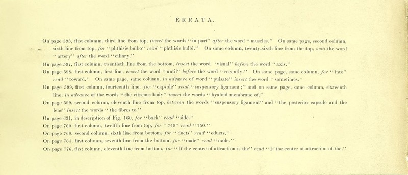 On page 593, first, colunini, tliird line from top, insert the words  in part after the word  muscles. On same page, second column, sixth line from top, for phthisis bulbo read phthisis bulbi. On same column, twenty-sixth line from the top, omit the word artery after the word ciliary. On page 597, first column, twentieth line from the bottom, insert the word 'visual before the word axis. On page 598, first column, first line, insert the word until before the word  recently. On same page, same column, for  into read toward. On same page, same column, in advance of word  pulsate insert the word sometimes. On page 599, first column, fourteenth line, for capsule read suspensory ligament; and on same page, same column, sixteenth line, in advance of the words the vitreous body insert the words  hyaloid membrane of. On page 599, second column, eleventh line from top, between the words suspensory ligament and the posterior capsule and the lens insert the words  the fibres to. On page 631, in description of Fig. 160, for back read side. On page 760, first column, twelfth line from to\>, for  749 read  750. On page 7G0, second column, sixth line from bottom, for  ducts read  educts. On page 764, first column, seventh line from the bottom, for male read  mole.