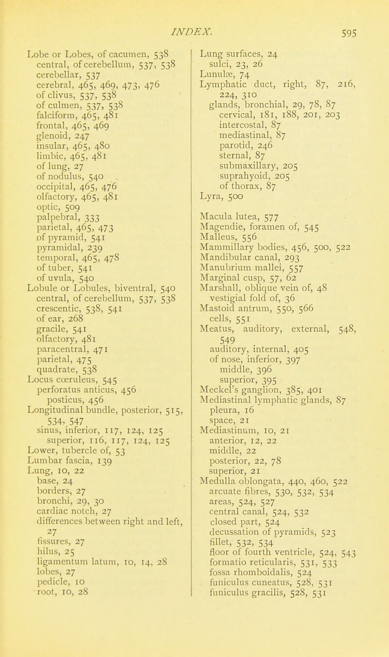 Lobe or Lobes, of cacumen, 538 central, of cerebellum, 537, 538 cerebellar, 537 cerebral, 465, 469, 473, 476 of clivus, 537, 538 of culmen, 537, 538 falciform, 465, 481 frontal, 465, 469 glenoid, 247 insular, 465, 480 limbic, 465, 481 of lung, 27 of nodulus, 540 occipital, 465, 476 olfactory, 465, 481 optic, 509 palpebral, 333 parietal, 465, 473 of pyramid, 541 pyramidal, 239 temporal, 465, 478 of tuber, 541 of uvula, 540 Lobule or Lobules, biventral, 540 central, of cerebellum, 537) 53^ crescentic, 538, 541 of ear, 268 gracile, 541 olfactory, 481 paracentral, 471 parietal, 475 quadrate, 538 Locus coeruleus, 545 perforatus anticus, 456 posticus, 456 Longitudinal bundle, posterior, 515, . 534, 547 sinus, inferior, 117, 124, 125 superior, 116, 117, 124, 125 Lower, tubercle of, 53 Lumbar fascia, 139 Lung, 10, 22 base, 24 borders, 27 bronchi, 29, 30 cardiac notch, 27 differences between right and left, 27 fissures, 27 hilus, 25 ligamentum latum, ro, 14, 28 lobes, 27 pedicle, 10 root, 10, 28 Lung surfaces, 24 sulci, 23, 26 Lunula;, 74 Lymphatic duct, right, 87, 216, 224, 310 glands, bronchial, 29, 78, 87 cervical, 181, 188, 201, 203 intercostal, 87 mediastinal, 87 parotid, 246 sternal, 87 submaxillary, 205 suprahyoid, 205 of thorax, 87 Lyra, 500 Macula lutea, 577 Magendie, foramen of, 545 Malleus, 556 Mammillary bodies, 456, 500, 522 Mandibular canal, 293 Manubrium mallei, 557 Marginal cusp, 57, 62 Marshall, oblique vein of, 48 vestigial fold of, 36 Mastoid antrum, 550, 566 cells, 551 Meatus, auditory, external, 548, 549 auditory, internal, 405 of nose, inferior, 397 middle, 396 superior, 395 Meckel's ganglion, 385, 401 Mediastinal lymphatic glands, 87 pleura, 16 space, 21 Mediastinum, 10, 21 anterior, 12, 22 middle, 22 posterior, 22, 78 superior, 21 Medulla oblongata, 440, 460, 522 arcuate fibres, 530, 532, 534 areas, 524, 527 central canal, 524, 532 closed part, 524 decussation of pyramids, 523 fillet, 532, 534 floor of fourth ventricle, 524, 543 formalio reticularis, 531, 533 fossa rhomboidalis, 524 funiculus cuneatus, 528, 531 funiculus gracilis, 528, 531