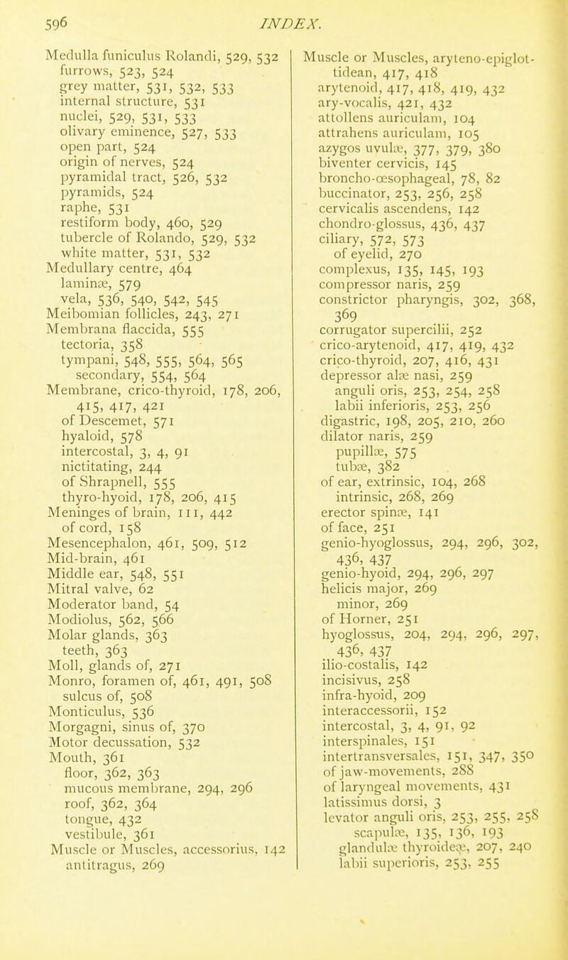 Medulla funiculus Rolandi, 529, 532 furrows, 523, 524 grey malter, 531, 532, 533 internal structure, 531 nuclei, 529, 531, 533 olivary eminence, 527, 533 open part, 524 origin of nerves, 524 pyramidal tract, 526, 532 pyramids, 524 rfiphe, 531 restiform body, 460, 529 tubercle of Rolando, 529, 532 white matter, 531, 532 Medullary centre, 464 laminae, 579 vela, 536, 540, 542, 545 Meibomian follicles, 243, 271 Membrana flaccida, 555 tectoria, 358 tympani, 548, 555, 564, 565 secondary, 554, 564 Membrane, crico-thyroid, 178, 206, 415, 417, 421 of Descemet, 571 hyaloid, 578 intercostal, 3, 4, 91 nictitating, 244 of Shrapnell, 555 thyro-hyoid, 178, 206, 415 Meninges of brain, in, 442 of cord, 158 Mesencephalon, 461, 509, 512 Mid-brain, 461 Middle ear, 548, 551 Mitral valve, 62 Moderator band, 54 Modiolus, 562, 566 Molar glands, 363 teeth, 363 Moll, glands of, 271 Monro, foramen of, 461, 491, 508 sulcus of, 508 Monticulus, 536 Morgagni, sinus of, 370 Motor decussation, 532 Mouth, 361 floor, 362, 363 mucous membrane, 294, 296 roof, 362, 364 tongue, 432 vestibule, 361 Muscle or Muscles, accessorius, 142 antitragus, 269 Muscle or Muscles, aryteno-epiglot- tidean, 417, 418 arytenoid, 417, 418, 419, 432 ary-vocalis, 421, 432 attollens auriculani, 104 attrahens auriculam, 105 azygos uvukv, 377, 379, 380 biventer cervicis, 145 broncho-cesophageal, 78, 82 liuccinator, 253, 256, 258 cervicalis ascendens, 142 chondro-glossus, 436, 437 ciliary, 572, 573 of eyelid, 270 complexus, 135, 145, 193 compressor naris, 259 constrictor pharyngis, 302, 368, 369 corrugator supercilii, 252 crico-arytenoid, 417, 419, 432 crico-thyroid, 207, 416, 431 depressor aire nasi, 259 anguli oris, 253, 254, 258 labii inferioris, 253, 256 digastric, 198, 205, 210, 260 dilator naris, 259 pupilla;, 575 tubse, 382 of ear, extrinsic, 104, 268 intrinsic, 268, 269 erector spina;, 141 of face, 251 genio-hyoglossus, 294, 296, 302, 436, 437 genio-hyoid, 294, 296, 297 helicis major, 269 minor, 269 of Horner, 251 hyoglosstis, 204, 294, 296, 297, 436, 437 ilio-costalis, 142 incisivus, 258 infra-hyoid, 209 interaccessorii, 152 intercostal, 3, 4, 91, 92 interspinales, 151 intertransversales, 151, 347, 350 of jaw-movements, 288 of laryngeal movements, 431 latissimus dorsi, 3 levator anguli oris, 253, 255, 258 scapuU-e, 135, 136, 193 glandalre thyroidea, 207, 240 iabii superioris, 253, 255