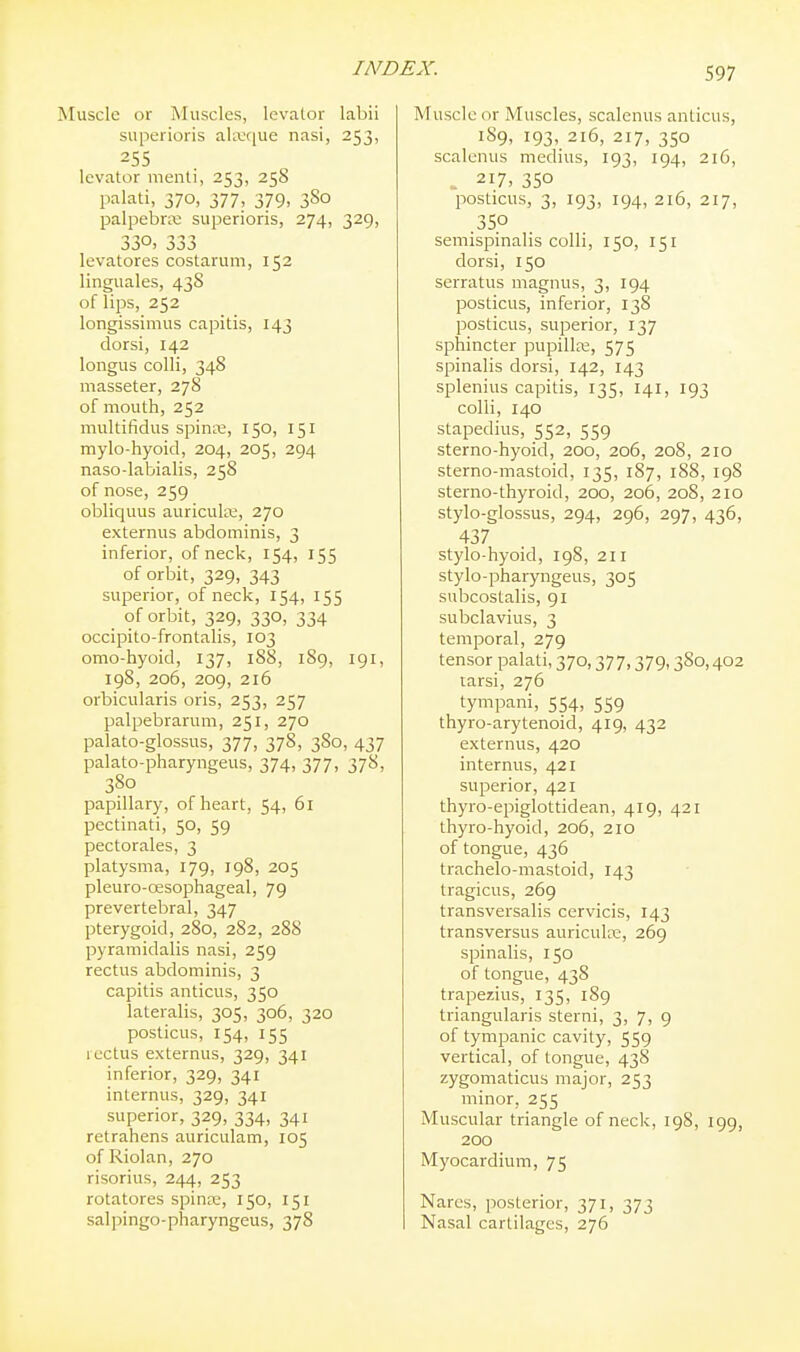 Muscle or Muscles, levator labii superioris ala:c[ue nasi, 253, -55 levator menli, 253, 25S palati, 370, 377, 379, 380 palpebral superioris, 274, 329, levatores costarum, 152 linguales, 43S of lips, 252 longissimus capitis, 143 dorsi, 142 longus colli, 348 masseter, 278 of mouth, 252 multifidus spinn;, 150, 151 mylo-hyoid, 204, 205, 294 naso-labialis, 258 of nose, 259 obliquus auricula;, 270 externus abdominis, 3 inferior, of neck, 154, 155 of orbit, 329, 343 superior, of neck, 154, 155 of orbit, 329, 330, 334 occipito-frontalis, 103 omo-hyoid, 137, 188, 189, 191, 198, 206, 209, 216 orbicularis oris, 253, 257 palpebrarum, 251, 270 palato-glossus, 377, 378, 380, 437 palato-pharyngeus, 374, 377, 378, 380 papillary, of heart, 54, 61 pectinati, 50, 59 pectorales, 3 platysma, 179, 198, 205 pleuro-oesophageal, 79 prevertebral, 347 pterygoid, 280, 282, 288 pyramidalis nasi, 259 rectus abdominis, 3 capitis anticus, 350 lateralis, 305, 306, 320 posticus, 154, 155 rectus externus, 329, 341 inferior, 329, 341 internus, 329, 341 superior, 329, 334, 341 retrahens auriculam, 105 of Riolan, 270 risorius, 244, 253 rotatores spinte, 150, 151 salpingo-pharyngeus, 378 Muscle or Muscles, scalenus anticus, 189, 193, 216, 217, 350 scalenus medius, 193, 194, 216, . 217, 350 posticus, 3, 193, 194, 216, 217, .350 semispinalis colli, 150, 151 dorsi, 150 serratus magnus, 3, 194 posticus, inferior, 138 posticus, superior, 137 sphincter pupilla;, 575 spinalis dorsi, 142, 143 splenius capitis, 135, 141, 193 colli, 140 stapedius, 552, 559 sterno-hyoid, 200, 206, 208, 210 sterno-mastoid, 135, 187, 188, 198 sterno-thyroid, 200, 206, 208, 210 stylo-glossus, 294, 296, 297, 436, 437 stylo-hyoid, 198, 211 stylo-pharyngeus, 305 subcostalis, 91 subclavius, 3 temporal, 279 tensor palati, 370,377,379,380,402 tarsi, 276 tympani, 554, 559 thyro-arytenoid, 419, 432 externus, 420 internus, 421 superior, 421 thyro-epiglottidean, 419, 421 thyro-hyoid, 206, 210 of tongue, 436 trachelo-mastoid, 143 tragicus, 269 transversalis cervicis, 143 transversus auricula;, 269 spinalis, 150 of tongue, 438 trapezius, 135, 189 triangularis sterni, 3, 7, g of tympanic cavity, 559 vertical, of tongue, 438 zygomaticus major, 253 minor, 255 Muscular triangle of neck, 19S, 199, 200 Myocardium, 75 Nares, posterior, 371, 373 Nasal cartilages, 276