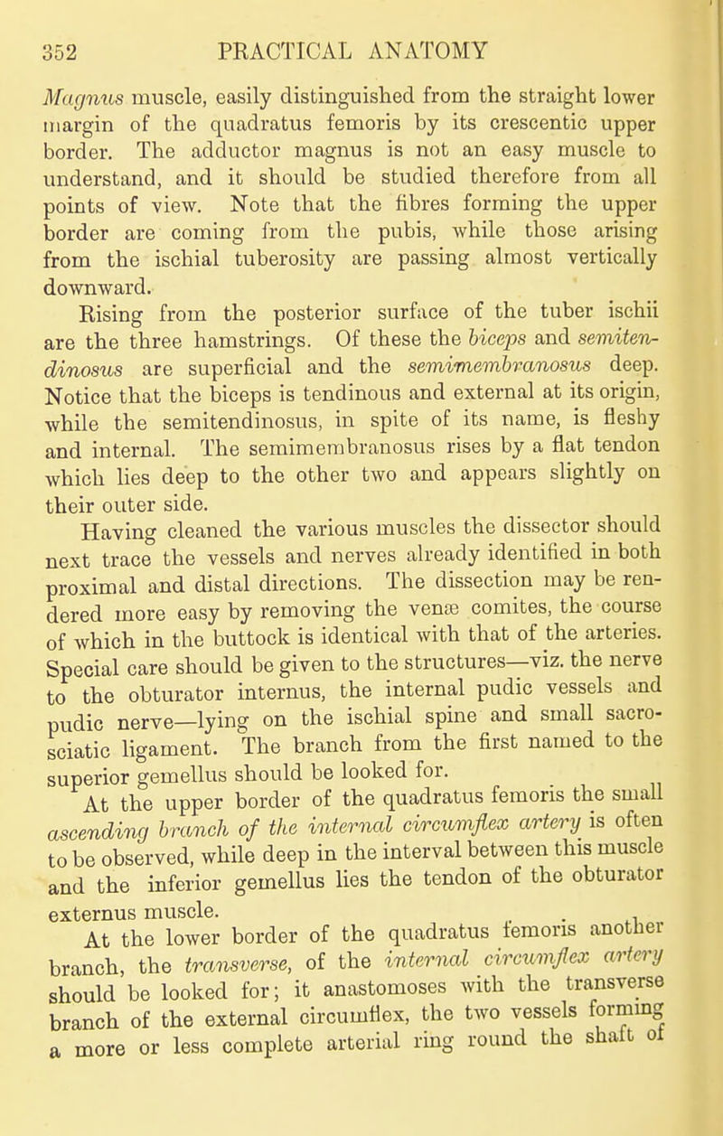 Magnus muscle, easily distinguished from the straight lower margin of the quadratus femoris by its crescentic upper border. The adductor magnus is not an easy muscle to understand, and it should be studied therefore from all points of view. Note that the fibres forming the upper border are coming from the pubis, while those arising from the ischial tuberosity are passing almost vertically downward. Rising from the posterior surface of the tuber ischii are the three hamstrings. Of these the biceps and semiten- dinosus are superficial and the semimembranosus deep. Notice that the biceps is tendinous and external at its origin, while the semitendinosus, in spite of its name, is fleshy and internal. The semimembranosus rises by a flat tendon which lies deep to the other two and appears slightly on their outer side. Having cleaned the various muscles the dissector should next trace the vessels and nerves already identified in both proximal and distal directions. The dissection may be ren- dered more easy by removing the vente comites, the course of which in the buttock is identical with that of the arteries. Special care should be given to the structures—viz. the nerve to the obturator internus, the internal pudic vessels and pudic nerve—lying on the ischial spine and small sacro- sciatic ligament. The branch from the first named to the superior gemellus should be looked for. At the upper border of the quadratus femoris the small ascending branch of the internal circumflex artery is often to be observed, while deep in the interval between this muscle and the inferior gemellus lies the tendon of the obturator externus muscle. _ . At the lower border of the quadratus lemons another branch, the tra^isverse, of the internal circumflex artery should be looked for; it anastomoses with the transverse branch of the external circumflex, the two vessels formmg a more or less complete arterial ring round the shait ol
