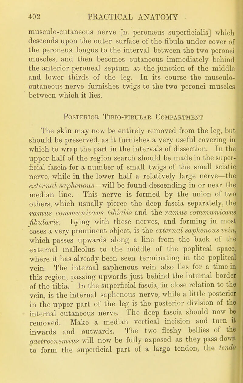 musculo-cutaneous nerve [n. peronteus superficialis] wMchJ descends upon the outer surface of the fibula under cover om the peroneus longus to the interval between the two peronM muscles, and then becomes cutaneous immediately behinM the anterior peroneal septum at the junction of the middlS and lower thirds of the leg. In its course the musculo-] cutaneous nerve furnishes twigs to the two peronei muscles] between which it lies. | POSTEBIOR TlBIO-FIBULAR COMPARTMENT I The skin may now be entirely removed from the leg, buii should be preserved, as it furnishes a very useful covering in which to wrap the part in the intervals of dissection. In the upper half of the region search should be made in the super- ficial fascia for a number of small twigs of the small sciatic nerve, while in the lower half a relatively large nerve—the external saphenous—will be found descending in or near the median line. This nerve is formed by the union of two others, which usually pierce the deep fascia separately, the ramus communicans tibialis and the ramus communicans fihularis. Lying with these nerves, and forming in most cases a very prominent object, is the external saplienoxis vein, which passes upwards along a line from the back of the external malleolus to the middle of the popliteal space, where it has already been seen terminating in the pophteal vein. The internal saphenous vein also lies for a time in this region, passing upwards just behind the internal border of the tibia. In the superficial fascia, in close relation to the vein, is the internal saphenous nerve, while a little posterior in the upper part of the leg is the posterior division of the internal cutaneous nerve. The deep fascia should now be removed. Make a median vertical incision and turn it inwards and outwards. The two fleshy bellies of the gastrocnemius will now be fully exposed as they pass down to form the superficial part of a large tendon, the icndo