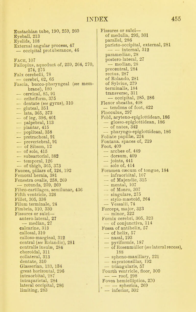 Eustachian tube, 190, 259, 260 Eyeball, 213 Eyelids, 108 External angular process, 47 — occipital protuberance, 46 Face,107 Fallopius, aqueduct of, 259, 264, 270, 274, 275 Falx cerebelli, 78 — cerebri, 62, 65 Fascia, bucco-pharyngeal (see mem- brane), 180 — cervical, 85, 91 — cribriform, 375 — dentate {see gyrus), 310 — gluteal, 351 — lata, 365, 373 — of leg, 396, 401 — palpebral, 113 — plantar, 415 ■— popliteal, 358 — pretracheal, 91 — prevertebral, 91 — of Sibson, 12 — of sole, 415 — subsartorial, 382 — temporal, 126 — of thigh, 365, 373 Fauces, pillars of, 124, 192 Femoral hernia, 381 Fenestra ovalis, 258, 269 — rotunda, 259, 269 Fibro-cartilages, semilunar, 436 Fifth ventricle, 326 Fillet, 305, 336 Filum terminale, 24 Fimbria, 310, 330 Fissures or sulci— antero-lateral, 27 — median, 27 calcarine, 313 callosal, 310 calloso-marginal, 312 central {see Rolandic), 281 centralis insulas, 284 choroidal, 311 collateral, 313 dentate, 310 Glasserian, 133, 134 great horizontal, 296 intraorbital, 287 intraparietal, 284 lateral occipital, 286 limiting, 283 Fissures or sulci— of medulla, 295, 301 parallel, 286 parieto-occipital, external, 281 — — internal, 312 paramedian, 28 postero-lateral, 27 — median, 28 precentral, 284 rectus, 287 of Rolando, 281 of Sylvius, 279 terminalis, 184 transverse, 311 — occipital, 285, 286 Flexor sheaths, 408 — tendons of foot, 422 Flocculus, 297 Fold, aryteno-epiglottidean, 186 —• glosso-epiglottidean, 186 — of nates, 342 — pharyngo-epiglottidean, 186 Foliate papillae, 224 Fontana, spaces of, 219 Foot, 409 — arches of, 449 — dorsum, 409 — joints, 441 — sole of, 414 Foramen caecum of tongue, 184 —■ infraorbital, 107 — of Majendie, 315 — mental, 107 — of Monro, 307 — singulare, 275 — stylo-mastoid, 264 — Vessalii, 74 Forceps, major, 323 — minor, 322 Fornix cerebri, 305, 323 — of conjunctiva, 114 Fossa of antihelix, 57 — of helix, 57 — nasal, 193 — pyriformis, 187 ■— of Rosenmiiller («ce lateral recess), 188 — spheno-maxillary, 221 — supratonsillar, 192 — triangularis, 57 Fourth ventricle, floor, 300 roof, 298 Fovea hemielliptica, 270 spherica, 269 — inferior, 302