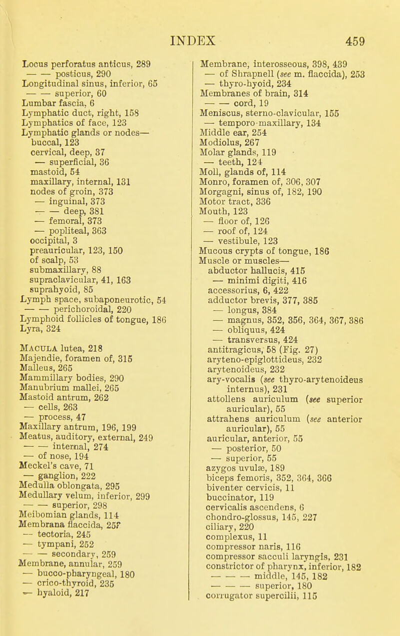 Locus perforatus anfcicus, 289 posticus, 290 Longitudinal sinus, inferior, 65 superior, 60 Lumbar fascia, 6 Lymphatic duct, right, 158 Lymphatics of face, 123 Lymphatic glands or nodes— buccal, 123 cervical, deep, 37 — superficial, 36 mastoid, 54 maxiUary, internal, 131 nodes of groin, 373 — inguinal, 373 deep, 381 — femoral, 373 — popliteal, 363 occipital, 3 preauricular, 123, 150 of scalp, 53 submaxillary, 88 supraclavicular, 41, 163 suprahyoid, 85 Lymph space, subaponeurotic, 54 perichoroidal, 220 Lymphoid follicles of tongue, 186 Lyra, 324 Macula lutea, 218 Majendie, foramen of, 315 Malleus, 265 Mammillary bodies, 290 Manubrium maUei, 265 Mastoid antrum, 262 — cells, 263 — process, 47 Maxillary antrum, 196, 199 Meatus, auditory, external, 249 internal, 274 — of nose, 194 Meckel's cave, 71 — ganglion, 222 Medulla oblongata, 295 Medullary velum, inferior, 299 superior, 298 Meibomian glands, 114 Membrana flaccida, 25 — tectoria, 245 — tympani, 252 ■ secondary, 259 Membrane, annular, 259 — bucco-pharyngeal, 180 — crico-thyroid, 235 hyaloid, 217 Membrane, interosseous, 398, 439 — of Slirapnell {see m. flaccida), 253 — thyro-hyoid, 234 Membranes of brain, 314 cord, 19 Meniscus, sterno-clavicular, 155 — temporo-maxillary, 134 Middle ear, 254 Modiolus, 267 Molar glands, 119 — teeth, 124 Moll, glands of, 114 Monro, foramen of, 306, 307 Morgagni, sinus of, 182, 190 Motor tract, 336 Mouth, 123 — floor of, 126 — roof of, 124 — vestibule, 123 Mucous crypts of tongue, 186 Muscle or muscles— abductor hallucis, 415 — minimi digiti, 416 accessorius, 6, 422 adductor brevis, 377, 385 — longus, 384 — magnus, 352, 356, 364, 367, 386 — obliquus, 424 — transversus, 424 antitragicus, 58 (Fig. 27) aryteno-epiglottideus, 232 arytenoideus, 232 ary-vocalis (see thyro-arytenoideus internus), 231 attoUens auriculum {see superior auricular), 55 attrahens auriculum {see anterior auricular), 55 auricular, anterior, 55 — posterior, 50 — superior, 55 azygos uvuljE, 189 biceps femoris, 352, 364, 366 biventer cervicis, 11 buccinator, 119 cervicalis ascend ens, 6 chondro-glossus, 145, 227 ciliary, 220 complexus, 11 compressor naris, 116 compressor sacculi laryngis, 231 constrictor of pharynx, inferior, 182 middle, 145, 182 superior, 180 corrugator supercilii, 115