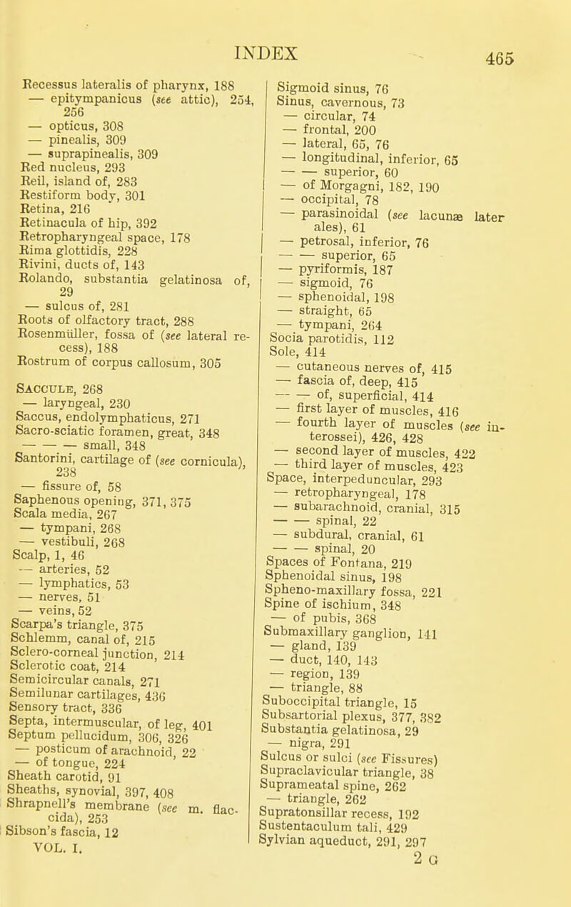 Kecessus lateralis of pharynx, 188 — epitympanicus (see attic), 254, 256 — opticus, 308 — pinealis, 309 — suprapinealis, 309 Red nucleus, 293 Eeil, island of, 283 Eestiform body, 301 Retina, 216 Retinacula of hip, 392 Retropharyngeal space, 178 Eima glottidis, 228 Rivini, ducts of, 143 Rolando, substantia gelatinosa of, 29 — sulcus of, 281 Roots of olfactory tract, 288 EosenmlUler, fossa of {see lateral re cess), 188 Rostrum of corpus callosum, 305 Saccule, 268 — laryngeal, 230 Saccus, endolymphaticus, 271 Sacro-sciatic foramen, great, 348 small, 348 Santorini, cartilage of {see cornicula), 238 — fissure of, 58 Saphenous opening, 371, 375 Scala media, 267 — tympani, 268 — vestibuli, 268 Scalp, 1, 46 — arteries, 52 — lymphatics, 53 — nerves, 51 — veins, 52 Scarpa's triangle, 375 Schlemm, canal of, 215 Sclero-corneal junction, 214 Sclerotic coat, 214 Semicircular canals, 271 Semilunar cartilages, 436 Sensory tract, 386 Septa, intermuscular, of leg, 401 Septum pellucidum, 306, 326 — posticum of arachnoid, 22 — of tongue, 224 Sheath carotid, 91 Sheaths, synovial, 397, 408 Shrapnell's membrane {see m flan cida), 253 Sibson's fascia, 12 VOL. I. Sigmoid sinus, 76 Sinus, cavernous, 73 — circular, 74 — frontal, 200 — lateral, 65, 76 — longitudinal, inferior, 63 superior, 60 — of Morgagni, 182, 190 — occipital, 78 — parasinoidal {see lacunse later ales), 61 I — petrosal, inferior, 76 superior, 65 — pyriformis, 187 — sigmoid, 76 — sphenoidal, 198 — straight, 65 — tympani, 264 Socia parotidis, 112 Sole, 414 — cutaneous nerves of, 415 — fascia of, deep, 415 of, superficial, 414 — first layer of muscles, 416 — fourth layer of muscles {see in- terossei), 426, 428 — second layer of muscles, 422 — third layer of muscles, 423 Space, interpeduncular, 293 — retropharyngeal, 178 — subarachnoid, ci-anial, 315 spinal, 22 — subdural, cranial, 61 spinal, 20 Spaces of Fontana, 219 Sphenoidal sinus, 198 Spheno-maxillary fossa, 221 Spine of ischium, 348 — of pubis, 368 Submaxillary ganglion, 111 — gland, 139 — duct, 140, 143 — region, 139 — triangle, 88 Suboccipital triangle, 15 Subsartorial plexus, 377, 382 Substantia gelatinosa, 29 — nigra, 291 Sulcus or sulci {sec Fissures) Supraclavicular triangle, 38 Suprameatal spine, 262 — triangle, 262 Supratonsillar recess, 192 Sustentaculum tali, 429 Sylvian aqueduct, 291, 297 2 G