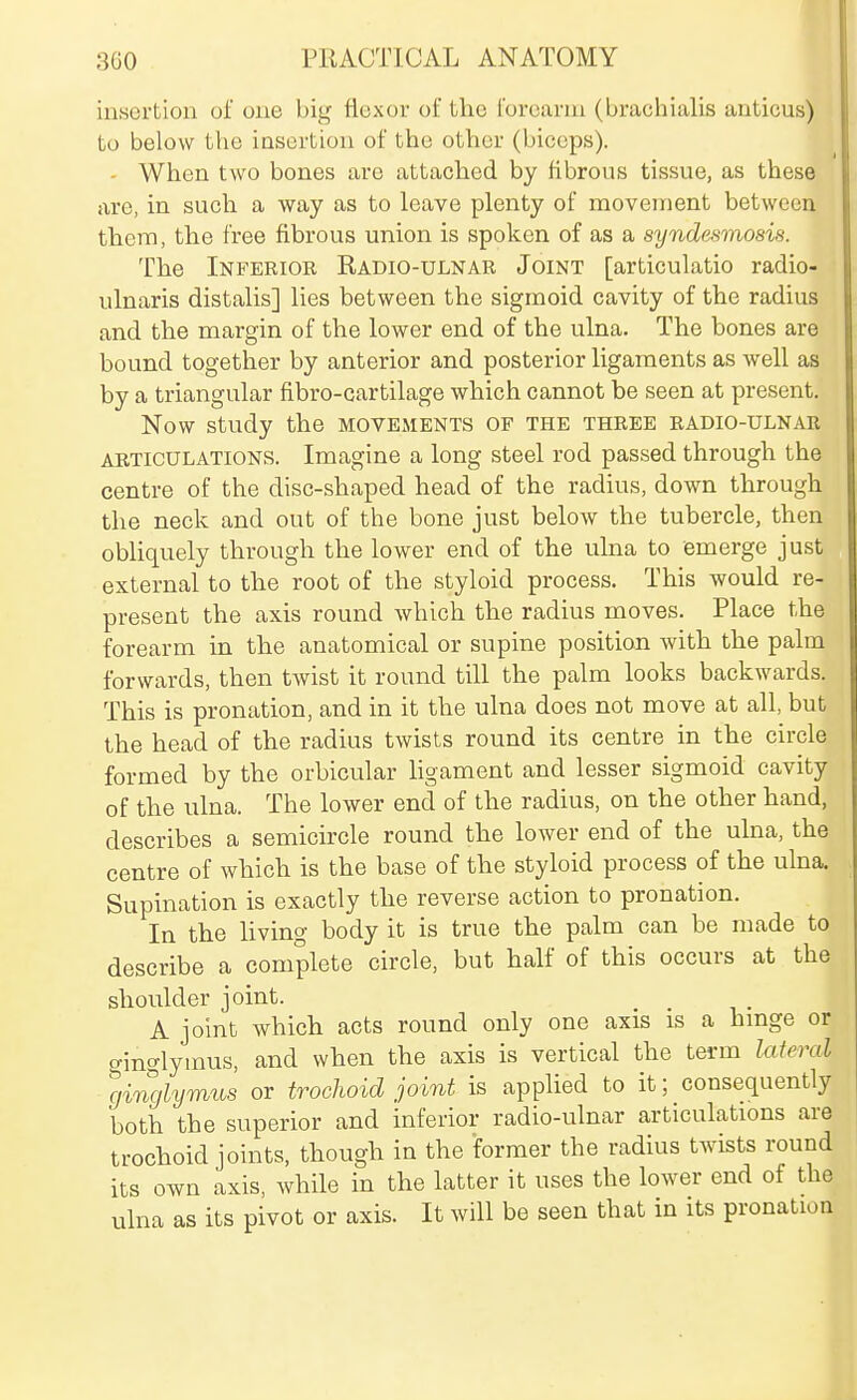 insertion of one big flexor of the I'orearui (brachialis anticus) to below the insertion of the other (biceps). - When two bones are attached by fibrous tissue, as these are, in such a way as to leave plenty of movement between them, the free fibrous union is spoken of as a syndesmosis. The Inferior Radio-ulnar Joint [articulatio radio- ulnaris distalis] lies between the sigmoid cavity of the radius and the margin of the lower end of the ulna. The bones are bound together by anterior and posterior ligaments as well as by a triangular fibro-cartilage which cannot be seen at present. Now study the movements of the three radio-ulnar ARTICULATIONS. Imagine a long steel rod passed through the centre of the disc-shaped head of the radius, down through the neck and out of the bone just below the tubercle, then obliquely through the lower end of the ulna to emerge just external to the root of the styloid process. This would re- present the axis round which the radius moves. Place the forearm in the anatomical or supine position with the palm forwards, then twist it round till the palm looks backwards. This is pronation, and in it the ulna does not move at all, but the head of the radius twists round its centre in the circle formed by the orbicular ligament and lesser sigmoid cavity of the ulna. The lower end of the radius, on the other hand, describes a semicircle round the lower end of the ulna, the centre of which is the base of the styloid process of the ulna. Supination is exactly the reverse action to pronation. In the living body it is true the palm can be made to describe a complete circle, but half of this occurs at the shoulder joint. A joint which acts round only one axis is a hmge or ginglyinus, and when the axis is vertical the term lateral \jinglymus or trochoid joint is applied to it; consequently both the superior and inferior radio-ulnar articulations are trochoid joints, though in the former the radius twists round its own axis, while in the latter it uses the lower end of the ulna as its pivot or axis. It will be seen that in its pronation