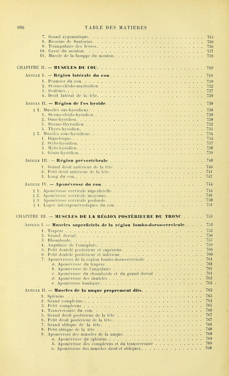 7. Grand zygomatique 71S 8. Risoi'ius de Santorini 716 9. Triangulaire des lèvres 710 10. Gari'é du menton 717 11. Muscle de la houppe du menton 718 CHAPITRE 11. — MUSCLES DU COU 719 Article I. — Région latérale du con 719 1. Peaucier du cou 719 2. Sterno-cléido-mastoïdien 722 3. Scalùnes 727 4. Droit latéral de la tête .729 Article II. — Région de los hyoïde 730 § 1. Muscles sus-hyoïdiens 730 1. Sterno-cléido-hyoïdien 730 2. Omo-hyoïdien 730 3. Sterno-thyroïdien 732 4. Tliyro-hyoïdien 733 § 2. Muscles sous-hyoïdiens 734 1. Digastric[ue 734 2. Stylo-hyoïdien 737 3. Mylo-hyoïdien 738 ' 4. Génio-hyoïdien 739 Article III. —• Région prévertébrale 740 1. Grand droit antérieur de la tête 740 f. Petit droit antérieur de la tête 741 3. Long du cou 742 Article IV. — Aponévrose dn cou , 74i § 1. Aponévrose cervicale superficielle 744 § 2. Aponévrose cervicale moyenne 748 § 3. Aponévrose cervicale profonde 750 § 4. Loges interaponévrotiques du cou 751 CHAPITRE III. — MUSCI-ES DE LA RÉGIOili POSTÉRIEURE DU TRO:\C 753 Article I. — Muscles superficiels de la région lombo-dorso-cervicale 753 1. Trapèze 753 2. Grand dorsal 756 3. Rhomboïde 757 4. Angulaire de l'omoplate. 759 5. Petit dentelé postérieur et supérieur 760 6. Petit dentelé postérieur et inférieur 760 7. Aponévroses de la région lombo-dorso-cervicale 761 a. Aponévrose du trapèze 761 h. Aponévrose de l'angulaire 761 c. Aponévrose du rhomboïde et du grand dorsal 761 d. Aponévrose des dentelés 762 e. Aponévrose lombaire 762 , Article II. — Muscles de la nuque proprement dits 762 1. Splénius 763 2. Grand complexus 764 3. Petit complexus 765 4. Transversaire du cou 766 5. Grand droit postérieur de la tête 767 6. Petit droit postérieur de la tète 767 7. Grand oblique de la tête 768 8. Petit oblique de la tête 768 9. Aponévrose des muscles de la nuque 709 a. Aponévrose du splénius 769 h. Aponévrose des complexus et du transversaire 769 e. Aponévrose des muscles droit et obliques 769