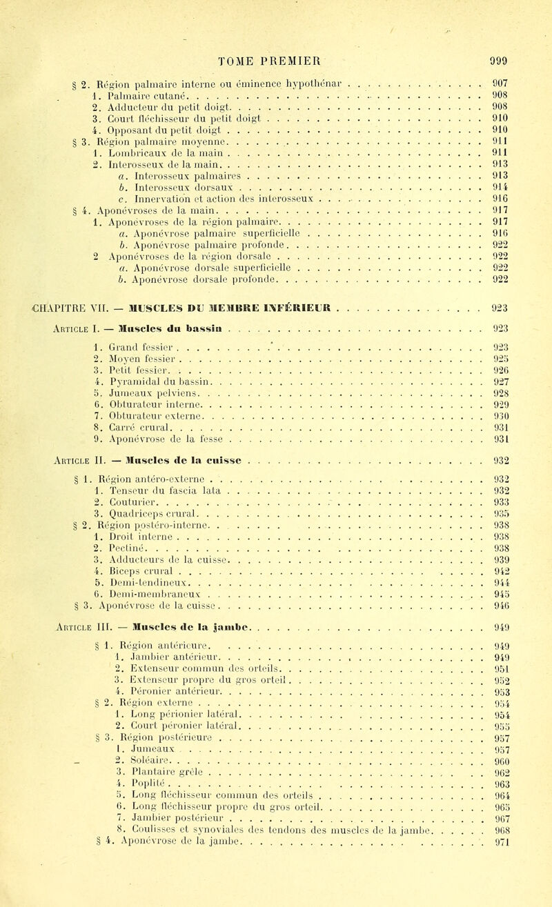 § 2. Région palmaire interne ou éminence h^-potliénar 907 1. Palmaire cutané 908 2. Adducteur du petit doigt 908 3. Court fléchisseur du petit doigt 910 4. Oi)posant du petit doigt 910 § 3. Région palmaire moyenne 911 1. Lombricaux de la main 911 2. Interosseux de la main 913 a. Interosseux palmaires 913 6. Interosseux dorsaux 914 c. Innervation et action des inlerosseux 916 § 4. Aponévroses de la main 917 1. Aponévroses de la région palmaire 917 a. Aponévrose palmaire supeiflcielle 910 h. Aponévrose palmaire profonde 922 2 Aponévroses de la région dorsale 022 a. Aponévrose dorsale superficielle 922 b. Aponévrose dorsale profonde 922 CHAPITRE Vît. — MUSCLES DU 3IEÎIBRE: Ii\FÉRIEUR 923 Article I. — Muscles du bassin 923 1. Grand fessier * 923 2. Moyen fessier 923 3. Petit fessier. 926 4. Pyramidal du bassin 927 5. Jumeaux pelviens 928 6. Obturateur interne 929 7. Obturateur externe 9j0 8. Carré crural 931 9. Aponévrose de la fesse 931 Article II. — Muscles «le la cuisse 932 § 1. Région antéro-cxternc 932 1. Tenseur du fascia lata 932 2. Couturier 933 3. Quadricops crural 035 § 2. Région ppstéro-intcrne. . 938 1. Droit interne 938 2. Pecliné 938 3. Adducteurs de la cuisse 939 4. Biceps crural 942 5. Demi-tendineux 944 6. Demi-membraneux 945 § 3. Aponévrose de la cuisse 946 Article III. — Muscles de la jambe 949 § I. Région antérieure 949 1. Jambier antérieur 949 2. Extenseur commun des orteils 951 3. Extenseur propre du gros orteil 952 4. Péronier antérieur 953 § 2. Région externe 954 1. Long périonier latéral 954 2. Court péronier latéral 955 § 3. Région postérieure 9o7 1. Jumeaux <.1o7 2. Soléaire 9G0 3. Plantaire grêle 962 4. Poplité 963 5. Long fléchisseur commun des orteils 964 6. Long fléchisseur propre du gros orteil 963 7. Jambier postérieur 907 8. Coulisses et synoviales des tendons des muscles de la jambe 968 § 4. Aponévrose de la jambe 971