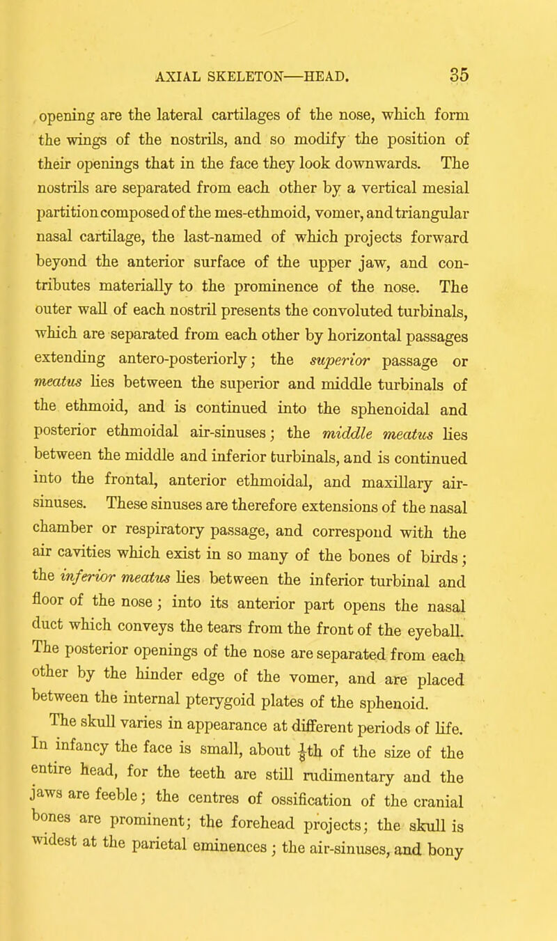 , opening are the lateral cartilages of the nose, which form the wings of the nostrils, and so modify the position of their openings that in the face they look downwards. The nostrils are separated from each other by a vertical mesial partition composed of the mes-ethmoid, vomer, and triangular nasal cartilage, the last-named of which projects forward beyond the anterior surface of the upper jaw, and con- tributes materially to the prominence of the nose. The outer wall of each nostril presents the convoluted turbinals, which are separated from each other by horizontal passages extending antero-posteriorly; the superior passage or meatus lies between the superior and middle turbinals of the ethmoid, and is continued into the sphenoidal and posterior ethmoidal air-sinuses; the middle meaUis lies between the middle and inferior turbinals, and is continued into the frontal, anterior ethmoidal, and maxillary air- sinuses. These sinuses are therefore extensions of the nasal chamber or respiratory passage, and correspond with the air cavities which exist in so many of the bones of birds ; the inferior meatus lies between the inferior turbinal and floor of the nose; into its anterior part opens the nasal duct which conveys the tears from the front of the eyeball. The posterior openings of the nose are separated from each other by the hinder edge of the vomer, and are placed between the internal pterygoid plates of the sphenoid. The skull varies in appearance at different periods of life. In infancy the face is small, about ^th of the size of the entire head, for the teeth are still rudimentary and the jaws are feeble; the centres of ossification of the cranial bones are prominent; the forehead projects; the skull is widest at the parietal eminences ; the air-sinuses, and bony