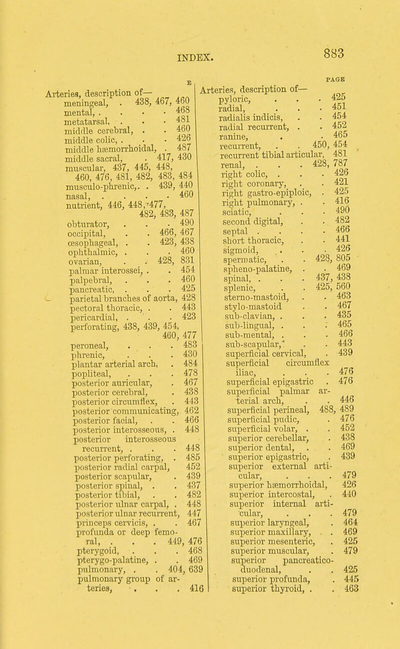 Arteriea, description of— meniBgeal, . 438, 467, 460 mental, . . • -468 metatarsal, . . • 481 middle cerebral, . . 460 middle colic, . . .426 middle liiEmorrlioidal, . 487 middle sacral, . 417, 430 muscular, 437, 445, 448, 460, 476, 481, 482, 483, 484 musculo-plirenic,. . 439, 440 nasal, . . . .460 nutrient, 446, 448 ,-477, 482, 483, 487 obturator, . . .490 occipital, . . 466, 467 (esophageal, . . 423, 438 ophthalmic, . . .460 ovarian, . . 428, 831 palmar interossei, . . 454 palpebral, . . .460 pancreatic, . . . 425 parietal branches of aorta, 428 pectoral thoracic, . . 443 pericardial, . . ■ 423 perforating, 438, 439, 454, 460, 477 peroneal, . . . 483 phrenic, . . . 430 plantar arterial arch, . 484 popliteal, . . . 478 posterior auricular, . 467 posterior cerebral, . 438 posterior circumflex, . 443 posterior commimicating, 462 posterior facial, . . 466 posterior interosseous, . 448 posterior interosseous recurrent, . . . 448 posterior perforating, . 485 posterior radial carpal, 452 posterior scapular, . 439 posterior spinal, . . 437 posterior tibial, . . 482 posterior ulnar carpal, . 448 jjosterior ulnar recuiTent, 447 princeps cervicis, . . 467 profimda or deep femo- ral, . , , 449, 476 pterygoid, . . .468 pterygo-palatine, . . 469 pulmonary, . . 404, 639 pulmonary group of ar- teries, , . , 416 Arteries, description of pyloric, radial, radialis indicis, radial recurrent, , ranine. PAGE 425 451 454 452 . 465 recurrent, . . 450, 454 recurrent tibial articular, 481 renal, . . .428, 787 right colic, . . . 426 right coronary, . . 421 right gastro-epiploic, . 425 right pulmonary, . . 416 sciatic, . . .490 second digital, . ■ 482 septal . . . .466 short thoracic, . . 441 sigmoid, . . • 426 spermatic, ' . . 428, 805 spheno-palatine, . . 469 spinal, . . . 437, 438 splenic, . . 425, 560 sterno-mastoid, . . 463 stylo-mastoid . . 467 sub-clavian, . . . 435 sub-lingual, . . . 465 sub-mental, . . . 466 sub-scapular,' . • 443 superficial cervical, . 439 superficial circumflex iliac, . . • superficial epigastric . 476 superficial palmar ar- terial arch, . . 446 superficial perineal, 488, 489 superficial pudic, . 476 superficial volar, . . 452 superior cerebellar, . 438 superior dental, . . 469 superior epigastric, . 439 superior external arti- cular, . . . 479 superior hsemorrhoidal, 426 superior intercostal, . 440 superior internal arti- ciilar, . . . 479 superior laryngeal, . 464 superior maxillary, . . 469 superior mesenteric, . 425 superior muscular, . 479 superior pancreatico- duodenal, . . 425 superior profunda, . 445 superior thyroid, . . 463