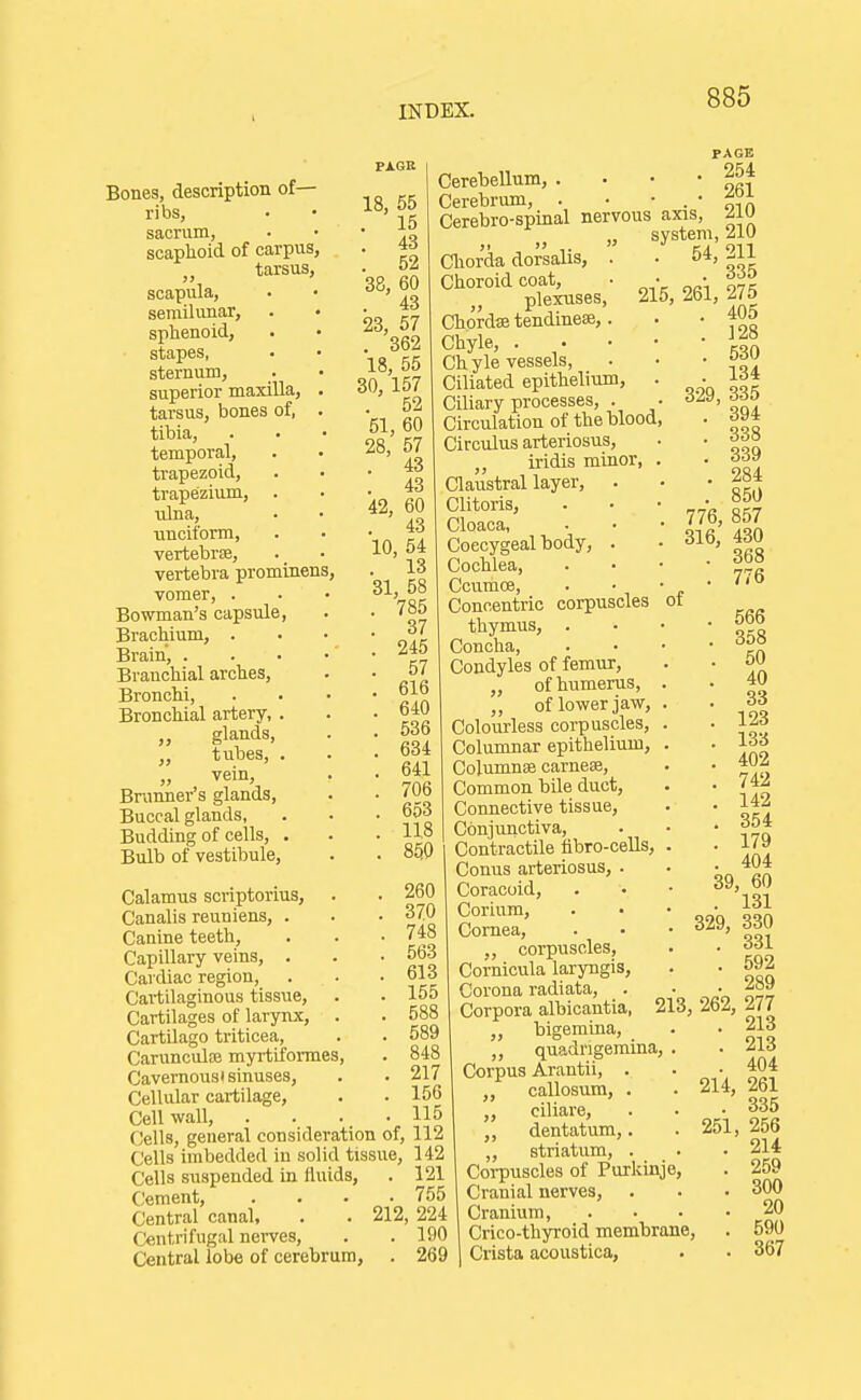 Bones, description of— ribs, sacrum, scaphoid of carpus, tarsus, scapula, semilunar, sphenoid, stapes, sternum, superior maxiUa, tarsus, bones of, tibia, temporal, trapezoid, trapezium, . ulna, ■unciform, vertebrae, vertebra prominens vomer, . Bowman's capsule, Brachium, . Brain, . Branchial arches, Bronchi, Bronchial artery, . „ glands, „ tubes, . Bnmner s glands. Buccal glands, Budding of cells, . Bidb of vestibule. Calamus scriptorius, Canalis reuniens, . Canine teeth. Capillary veins, . Cardiac region, . Cartilaginous tissue. Cartilages of larynx, Cartilago triticea, Carunculce myrtiformes, Cavernousi sinuses, Cellular cartilage, Cell wall, . Cells, general consideration of, 112 Cells imbedded in solid tissue, 142 Cells suspended in fluids, . 121 Cement, . . • .755 Central canal, . . 212, 224 Centrifugal nerves, . . 190 Central lobe of cerebrum, . 269 PAGB 1 18, 55 . 15 . 43 . 52 38, 60 . 43 23, 57 . 362 18, 55 30, 157 . 52 51, 60 28, 57 . 43 . 43 42, 60 . 43 10, 54 . 13 31, 58 . 785 . 37 . 245 . 57 . 616 . 640 . 536 . 634 . 641 . 706 . 653 . 118 . 850 260 370 748 563 613 155 588 589 848 217 156 115 Cerebellum, . • • ' o«t Cerebrum, . • ' . ' i^n Cerebro-spinal nervous axis, ZL^ „ . » system, 210 Cliorda dorsalis. Choroid coat, plexuses Chordae tendinese,. Chyle, . . . • Ch yle vessels, Ciliated epithelium, . Ciliary processes, . Circulation of the blood, Circulus arteriosus, iridis minor, . Claustral layer, . Clitoris, Cloaca, Coccygeal body, . Cochlea, CcumcB, Concentric corpuscles thymus, . Concha, Condyles of femur, „ of humerus, „ of lower jaw. Colourless corpuscles, Columnar epithelium, Columnee earner. Common bile duct. Connective tissue, Conjunctiva, Contractile fibro-cells, Conus arteriosus, . Coracoid, Corium, Cornea, ,, corpuscles, Cornicula laryngis, Corona radiata. Corpora albicantia, „ bigemina, ,, quadngemina. Corpus Arantii, . callosum, . „ ciliare, dentatum,. „ striatum, . Corpuscles of Purkinje, Cranial nerves. Cranium, Crico-thyroid membrane, Crista acoustica, . 54, 211 335 215, 261, 275 . 405 . 128 . 530 . 134 . 329, 335 . 394 . 338 . 339 . 284 . 850 . 776, 857 . 316, 430 . 368 . 776 of . 566 . 358 . 50 . 40 . 33 . 123 . 133 . 402 . 742 . 142 . 354 . 179 . 404 39, 60 . 131 . 329, 330 . 331 . 592 . 289 213, 262, 277 . .213 213 404 261 335 256 214 259 300 20 590 367 214, 251.