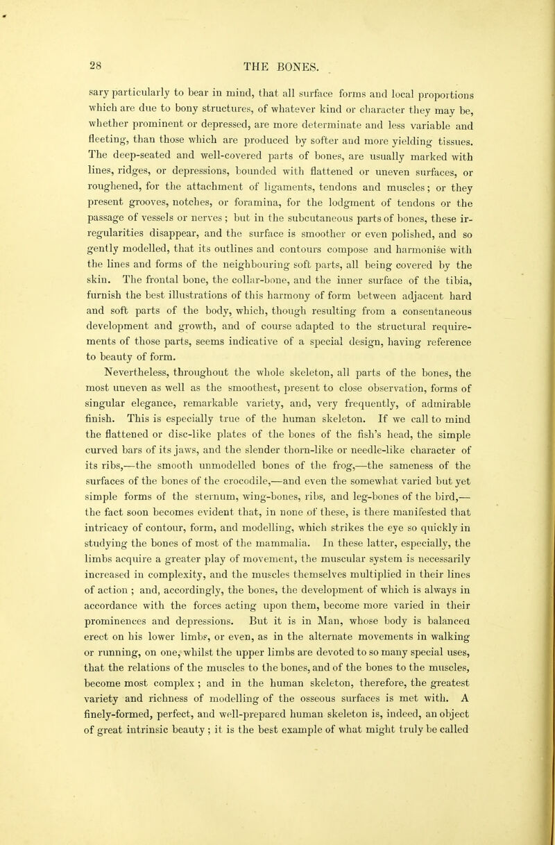sary particularly to bear in mind, that all surface forms and local proportions which are due to bony structures, of whatever kind or character tliey may be, whether prominent or depressed, are more determinate and less variable and fleeting, than those which are produced by softer and more yielding tissues. The deep-seated and well-covered parts of bones, are usually marked with lines, ridges, or depressions, bounded with flattened or uneven surfaces, or roughened, for the attachment of ligaments, tendons and muscles; or they present grooves, notches, or foramina, for the lodgment of tendons or the passage of vessels or nerves ; but in the subcutaneous parts of bones, these ir- regularities disappear, and the surface is smoother or even polished, and so gently modelled, that its outlines and contours compose and harmonise with the lines and forms of the neighbouring soft parts, all being covered by the skin. The frontal bone, the collar-bone, and the inner surface of the tibia, furnish the best illustrations of this harmony of form between adjacent hard and soft parts of the body, which, though resulting from a consentaneous development and growth, and of course adapted to the structural require- ments of those parts, seems indicative of a special design, having reference to beauty of form. Nevertheless, throughout the whole skeleton, all parts of the bones, the most uneven as well as the smoothest, present to close observation, forms of singular elegance, remarkable variety, and, very frequently, of admirable finish. This is especially true of the human skeleton. If we call to mind the flattened or disc-like plates of the bones of the fish's head, the simple curved bars of its jaws, and the slender thorn-like or needle-like character of its ribs,—the smooth unmodelled bones of the frog,—the sameness of the surfaces of the bones of the crocodile,—and even the somewhat varied but yet simple forms of the sternum, wing-bones, ribs, and leg-bones of the bird,— the fact soon becomes evident that, in none of these, is there manifested that intricacy of contour, form, and modelling, which strikes the eye so quickly in studying the bones of most of the mammalia. In these latter, especially, the limbs acquire a greater play of movement, the muscular system is necessarily increased in complexity, and the muscles themselves multiplied in their lines of action ; and, accordingly, the bones, the development of which is always in accordance with the forces acting upon them, become more varied in their prominences and depressions. But it is in Man, whose body is balancea erect on his lower limbs, or even, as in the alternate movements in walking or running, on one, whilst the upper limbs are devoted to so many special uses, that the relations of the muscles to the bones, and of the bones to the muscles, become most complex ; and in the human skeleton, therefore, the greatest variety and richness of modelling of the osseous surfaces is met with. A finely-formed, perfect, and well-prepared human skeleton is, indeed, an object of great intrinsic beauty ; it is the best example of what might truly be called