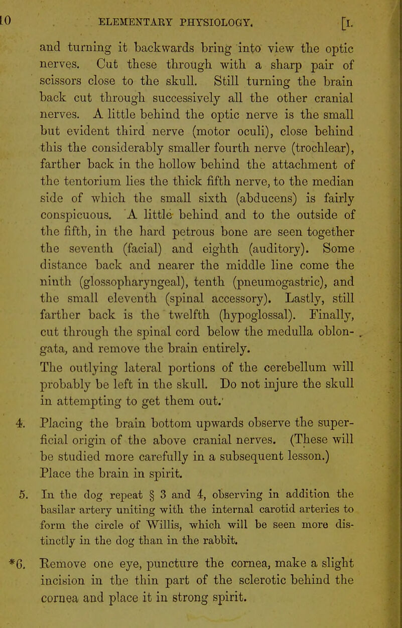 and turning it backwards bring into view tbe optic nerves. Cat these through with a sharp pair of scissors close to the skull. Still turning the brain back cut through successively all the other cranial nerves. A little behind the optic nerve is the small but evident third nerve (motor oculi), close behind this the considerably smaller fourth nerve (trochlear), farther back in the hollow behind the attachment of the tentorium lies the thick fifth nerve, to the median side of which the small sixth (abducens) is fairly conspicuous. A little behind and to the outside of the fifth, in the hard petrous bone are seen together the seventh (facial) and eighth (auditory). Some distance back and nearer the middle line come the ninth (glossopharyngeal), tenth (pneumogastric), and the small eleventh (spinal accessory). Lastly, still farther back is the twelfth (hypoglossal). Finally, cut through the spinal cord below the medulla oblon- gata, and remove the brain entirely. The outlying lateral portions of the cerebellum will probably be left in the skull. Do not injure the skull in attempting to get them out.' Placing the brain bottom upwards observe the super- ficial origin of the above cranial nerves. (These will be studied more carefully in a subsequent lesson.) Place the brain in spirit. In the clog repeat § 3 and 4, oliserving in addition the basilar artery uniting with, the internal carotid arteries to form the circle of Willis, which will be seen more dis- tinctly in the dog than in the rabbit. Remove one eye, puncture the cornea, make a slight incision in the thin part of the sclerotic behind the cornea and place it in strong spirit.