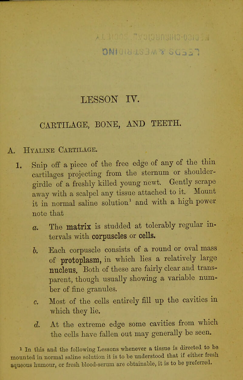 LESSON IV. CAETILAGE, BONE, AND TEETH. A. Hyaline Caktilage. 1. Snip off a piece of tlie free edge of any of the thin cartilages projecting from the sternum or shoulder- girdle of a freshly killed young newt. Gently scrape away with a scalpel any tissue attached to it. Mount it in normal saline solution' and with a high power note that a. The matrix is studded at tolerably regular in- tervals with corpuscles or cells. 6. Each corpuscle consists of a round or oval mass of protoplasm, in which lies a relatively large nucleus. Both of these are fairly clear and trans- parent, though usually showing a variable num- ber of fine granules. c. Most of the cells entirely fill up the cavities in which they lie. cZ. At the extreme edge some cavities from which the cells have fallen out may generally be seen. 1 In tliis and the following Lessons whenever a tissue is directed to be mounted in normal saline solution it is to be understood that if either fresh aciueous humour, or fresh blood-serum are obtainable, it is to be prefeixed.