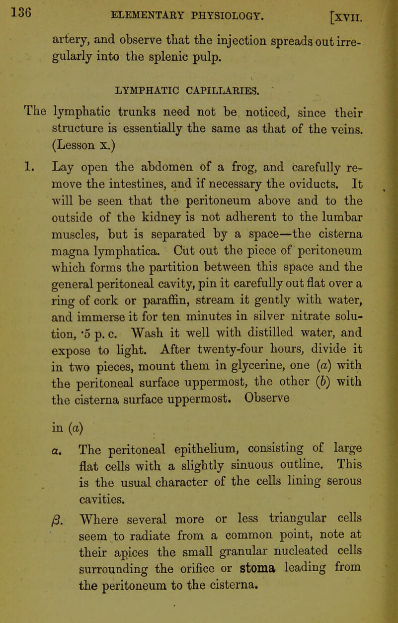 artery, and observe that the injection spreads out irre- gularly into the splenic pulp. LYMPHATIC CAPILLARIES. The lymphatic trunks need not be noticed, since their structure is essentially the same as that of the veins. (Lesson X.) 1. Lay open the abdomen of a frog, and carefully re- move the intestines, and if necessary the oviducts. It will be seen that the peritoneum above and to the outside of the kidney is not adherent to the lumbar muscles, but is separated by a space—the cisterna magna lymphatica. Cut out the piece of peritoneum ■which forms the partition between this space and the general peritoneal cavity, pin it carefully out flat over a ring of cork or paraffin, stream it gently with water, and immerse it for ten minutes in silver nitrate solu- tion, '5 p. c. Wash it well with distilled water, and expose to light. After twenty-four hours, divide it in two pieces, mount them in glycerine, one (a) with the peritoneal surface uppermost, the other (b) with the cisterna surface uppermost. Observe in (a) a. The peritoneal epithelium, consisting of large flat cells with a slightly sinuous outline. This is the usual character of the cells lining serous cavities. /3. Where several more or less triangular cells seem to radiate from a common point, note at their apices the small granular nucleated cells surrounding the orifice or stoma leading from the peritoneum to the cisterna.