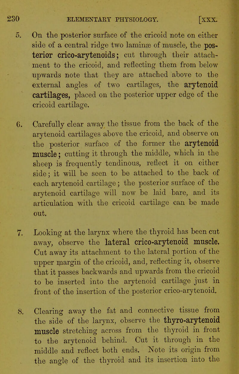 On the posterior surface of the cricoid note on either side of a central ridge two laminge of muscle, the pos- terior crico-arytenoids; cut through their attach- ment to the cricoid, and reflecting them from below upwards note that they are attached above to the external angles of two cartilages, the arytenoid cartilages, placed on the posterior upper edge of the cricoid cartilage. Carefully clear away the tissue from the back of the arytenoid cartilages above the cricoid, and observe on the posterior surface of the former the arytenoid muscle; cutting it through the middle, which in the sheep is frequently tendinous, reflect it on either side; it will be seen to be attached to the back of each arytenoid cartilage; the posterior surface of the arytenoid cartilage Avill now be laid bare, and its articulation with the cricoid cartilage can be made out. Looking at the larynx where the thyroid has been cut away, observe the lateral crico-arytenoid muscle. Cut away its attachment to the lateral portion of the upper margin of the cricoid, and, reflecting it, observe that it passes backwards and upwards from the cricoid to be inserted into the arytenoid cartilage just in front of the insertion of the posterior crico-arytenoid. Clearing away the fat and connective tissue from the side of the larynx, observe the thyro-arytenoid muscle stretching across from the thyroid in front to the arytenoid behind. Cut it through in the middle and reflect both ends. Note its origin from the angle of the thyroid and its insertion into the