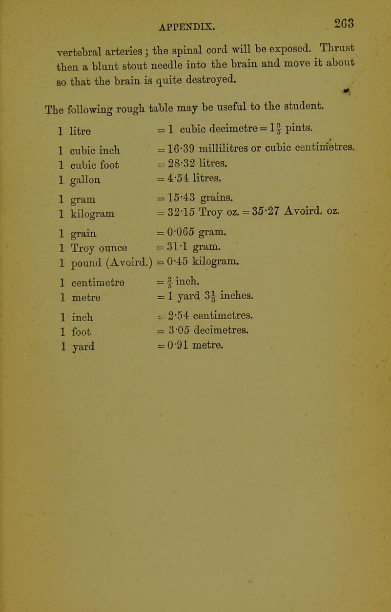 vertebral arteries ; the spinal cord will be exposed. Thrust then a blunt stout needle into the brain and move it about so that the brain is quite destroyed. The following rough table may be useful to the student. 1 litre = 1 cubic decimetre = If pints. 1 X = 16-39 millilitres or cubic centinietres. 1 cubic foot = 28-32 litres. 1 gallon = 4-54 litres. 1 gram = 15'43 grains. 1 kilogram = 32-15 Troy oz. = 35-27 Avoird. oz. 1 grain — 0*065 orvam. 1 Troy ounce = 31-1 gram. 1 pound (Avoird.) — 0-45 kilogram. 1 centimetre = inch. 1 metre = 1 yard Z\ inches. 1 inch = 2-54 centimetres. 1 foot = 3-05 decimetres. 1 yard = 0-91 metre.