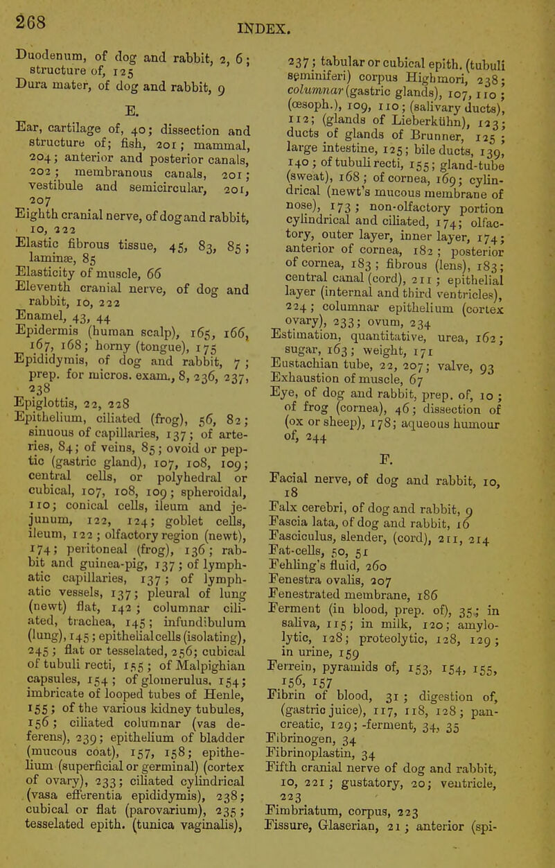 INDEX. Duodenum, of dog and rabbit, 2, 6; structure of, 125 Dura mater, of dog and rabbit, 9 E. Ear, cartilage of, 40; dissection and structure of; fish, 201; mammal, 204; anterior and posterior canals, 202; membranous canals, 201; vestibule and semicircular, 201, 207 Eighth cranial nerve, of dogand rabbit, 10, 222 Elastic fibrous tissue, 45, 83, 85; laminae, 85 Elasticity of muscle, 66 Eleventh cranial nerve, of dog and rabbit, 10, 222 Enamel, 43, 44 Epidermis (human scalp), 165, 166, 167, 168; horny (tongue), 175 Epididymis, of dog and rabbit, 7 ; prep, for micros, exam., 8, 236, 237, 238 Epiglottis, 22, 228 Epithelium, ciliated (frog), 56, 82; sinuous of capillaries, 137; of arte- ries, 84; of veins, 85; ovoid or pep- tic (gastric gland), 107, 108, 109; central cells, or polyhedral or cubical, 107, 108, 109; spheroidal, 110; conical cells, ileum and je- junum, 122, 124; goblet cells, ileum, 122 ; olfactory region (newt), 174; peritoneal (frog), 136; rab- bit and guinea-pig, 137; of lymph- atic capillaries, 137; of lymph- atic vessels, 137; pleural of lung (newt) flat, 142 ; columnar cili- ated, trachea, 145 ; infundibulum (lung), 145; epithelial cells (isolating), 245 ; flat or tesselated, 256; cubical of tubuli recti, 155; ofMalpighian capsules, 154; of glomerulus, 154; imbricate of looped tubes of Henle, 155; of the various kidney tubules, 156; ciliated columnar (vas de- ferens), 239; epithelium of bladder (mucous coat), 157, 158; epithe- lium (superficial or germinal) (cortex of ovary), 233; ciliated cylindrical (vasa efferentia epidid3Tnis), 238; cubical or flat (parovarium), 235 ; tesselated epith. (tunica vaginalis). 237; tabular or cubical epith. (tubuli seminiferi) corpus Highmori, 238; columnar (gastric glands), 107,110 ; (oesoph.), 109, no; (salivary ducts), 112; (glands of Lieberkiihn), 123; ducts of glands of Brunner, 125 ; large intestine, 125; bile ducts, 139, 140; of tubuUrecti, 155; gland-tube (sweat), 168; of cornea, 169; cylin- drical (newt's mucous membrane of nose), 173; non-olfactory portion cyhndrical and ciliated, 174; olfac- tory, outer layer, inner layer, 174; anterior of cornea, 182 ; posterior of cornea, 183; fibrous (lens), 183; central canal (cord), 211 ; epithelial layer (internal and third ventricles), 224; columnar epithelium (cortex ovary), 233; ovum, 234 Estimation, quantitative, urea, 162; sugar, 163; weight, 171 Eustachian tube, 22, 207; valve, 93 Exhaustion of muscle, 67 Eye, of dog and rabbit, prep, of, 10 ; of frog (cornea), 46; dissection of (ox or sheep), 178; aqueous humour of, 244 E. Facial nerve, of dog and rabbit, 10. 18 Falx cerebri, of dogand rabbit, 9 Fascia lata, of dog and rabbit, 16 Fasciculus, slender, (cord), 211, 214 Fat-cells, 50, 51 Fehling's fluid, 260 Fenestra ovalis, 207 Fenestrated membrane, 186 Ferment (in blood, prep, of), 35 • in saliva, 115; in milk, 120; amylo- lytic, 128; proteolytic, 128, 129; in urine, 159 Ferrein, pyramids of, 153, 154, 155, 156, 157 Fibrm of blood, 31 ; digestion of, (gastric juice), 117, 118, 128; pan- creatic, 129; -ferment, 34, 35 Fibrinogen, 34 Fibrinoplastin, 34 Fifth cranial nerve of dog and rabbit, 10, 221; gustatory, 20; ventricle, 223_ Fimbriatum, corpus, 223 Fissure, Glaserian, 21; anterior (spi-