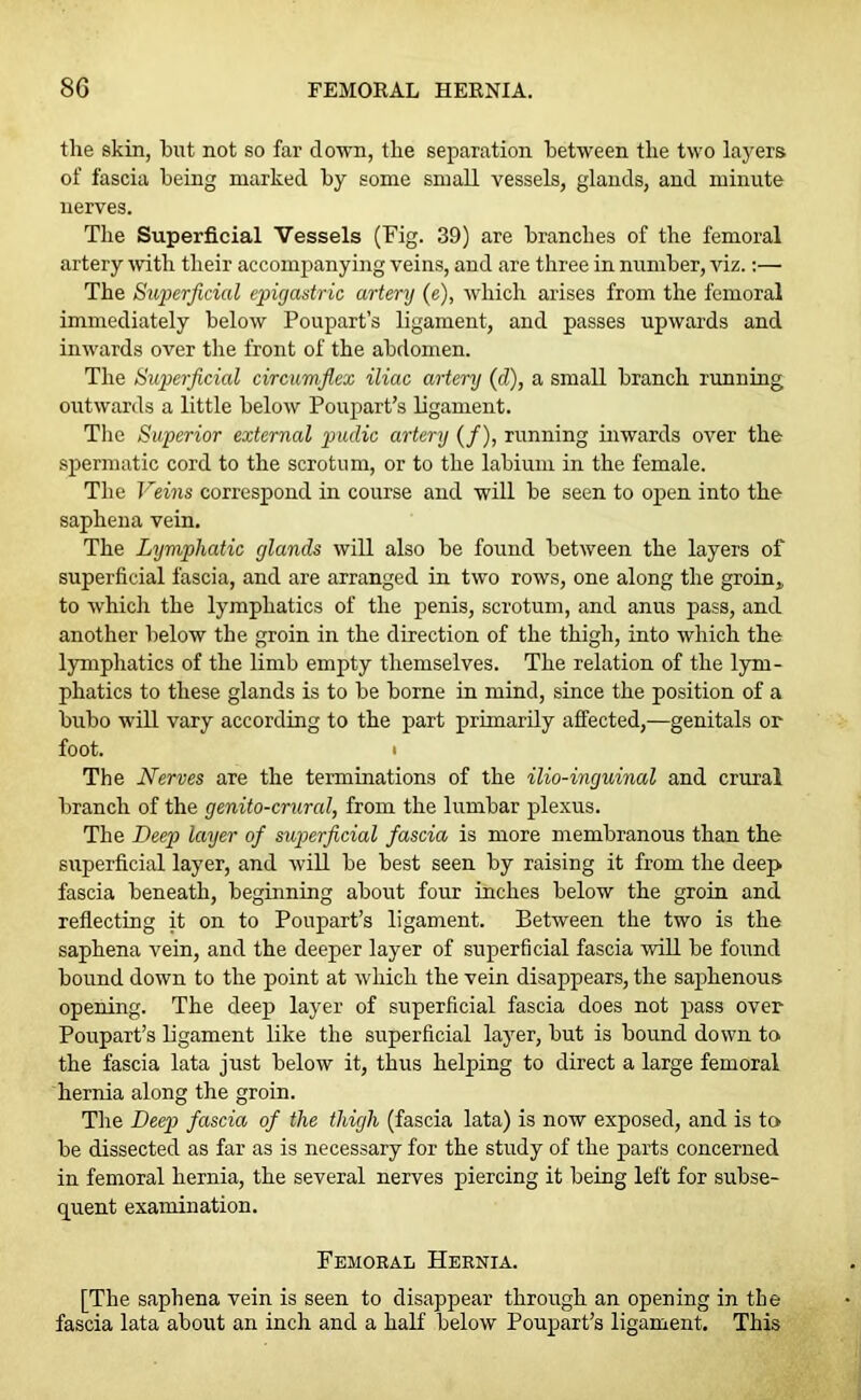 the skin, hut not so far down, the separation between the two layers of fascia being marked by some small vessels, glands, and minute nerves. The Superficial Vessels (Fig. 39) are branches of the femoral artery -with their accompanying veins, and are three in number, viz.:— The Superficial epigastric artery (e), which arises from the femoral immediately below Poupart’s ligament, and passes upwards and inwards over the front of the abdomen. The Superficial circumflex iliac artery (d), a small branch running outwards a little below Poupart’s ligament. The Superior external pudic artery (/), running inwards over the spermatic cord to the scrotum, or to the labium in the female. The Veins correspond in course and will be seen to open into the saphena vein. The Lymphatic glands will also be found between the layers of superficial fascia, and are arranged in two rows, one along the groin, to which the lymphatics of the penis, scrotum, and anus pass, and another below the groin in the direction of the thigh, into which the lymphatics of the limb empty themselves. The relation of the lym- phatics to these glands is to be borne in mind, since the position of a bubo will vary according to the part primarily affected,—genitals or foot. I The Nerves are the terminations of the ilio-inguinal and crural branch of the genito-crural, from the lumbar plexus. The Deep layer of superficial fascia is more membranous than the superficial layer, and will be best seen by raising it from the deep fascia beneath, beginning about four inches below the groin and reflecting it on to Poupart’s ligament. Between the two is the saphena vein, and the deeper layer of superficial fascia will be found bound down to the point at which the vein disappears, the saphenous opening. The deep layer of superficial fascia does not pass over Poupart’s ligament like the superficial layer, but is bound down to the fascia lata just below it, thus helping to direct a large femoral hernia along the groin. The Deep fascia of the thigh (fascia lata) is now exposed, and is to be dissected as far as is necessary for the study of the parts concerned in femoral hernia, the several nerves piercing it being left for subse- quent examination. Femoral Hernia. [The saphena vein is seen to disappear through an opening in the fascia lata about an inch and a half below Poupart’s ligament. This