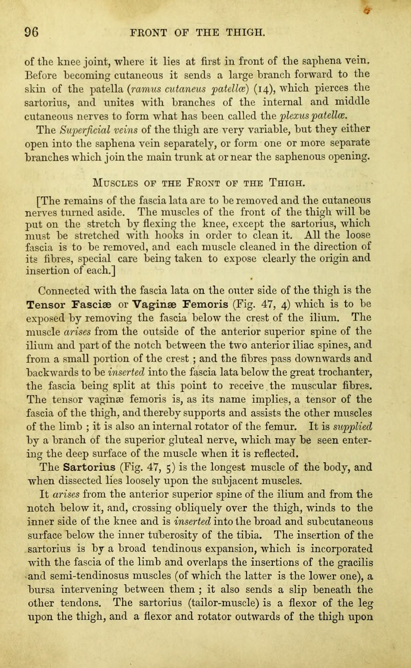 V 96 FRONT OF THE THIGH. of the knee joint, where it lies at first in front of the saphena vein. Before becoming cutaneous it sends a large branch forward to the skin of the patella (ramus cutcmeus patella') (14), which pierces the sartorius, and unites with branches of the internal and middle cutaneous nerves to form what has been called the plexus patella. The Superficial veins of the thigh are very variable, but they either open into the saphena vein separately, or form one or more separate branches which join the main trunk at or near the saphenous opening. Muscles of the Front of the Thigh. [The remains of the fascia lata are to be removed and the cutaneous nerves turned aside. The muscles of the front of the thigh will be put on the stretch by flexing the knee, except the sartorius, which must be stretched with hooks in order to clean it. All the loose fascia is to be removed, and each muscle cleaned in the direction of its fibres, special care being taken to expose clearly the origin and insertion of each.] Connected with the fascia lata on the outer side of the thigh is the Tensor Fasciae or Vaginae Femoris (Fig. 47, 4) which is to be exposed by removing the fascia below the crest of the ilium. The muscle arises from the outside of the anterior superior spine of the ilium and part of the notch between the two anterior iliac spines, and from a small portion of the crest ; and the fibres pass downwards and backwards to be inserted into the fascia lata below the great trochanter, the fascia being split at this point to receive the muscular fibres. The tensor vaginae femoris is, as its name implies, a tensor of the fascia of the thigh, and thereby supports and assists the other muscles of the limb ; it is also an internal rotator of the femur. It is supplied by a branch of the superior gluteal nerve, which may be seen enter- ing the deep surface of the muscle when it is reflected. The Sartorius (Fig. 47, 5) is the longest muscle of the body, and when dissected lies loosely upon the subjacent muscles. It arises from the anterior superior spine of the ilium and from the notch below it, and, crossing obliquely over the thigh, winds to the inner side of the knee and is inserted into the broad and subcutaneous surface below the inner tuberosity of the tibia. The insertion of the sartorius is by a broad tendinous expansion, which is incorporated with the fascia of the limb and overlaps the insertions of the gracilis and semi-tendinosus muscles (of which the latter is the lower one), a bursa intervening between them ; it also sends a slip beneath the other tendons. The sartorius (tailor-muscle) is a flexor of the leg upon the thigh, and a flexor and rotator outwards of the thigh upon
