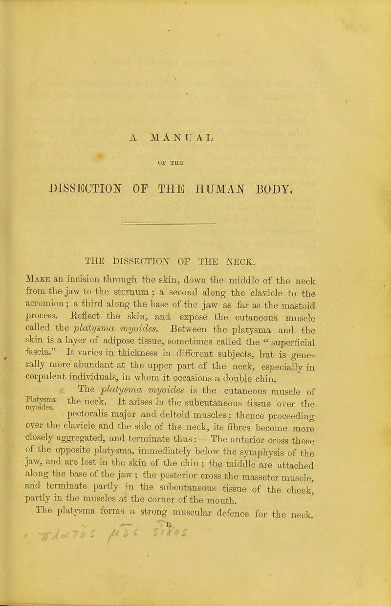 A MANUAL OF THE DISSECTIOI^ OF THE HUMAK BODY. THE DISSECTION OF THE NECK. ]\Iake an incision through the skin, down the middle of the neck from the jaw to the sternum; a second along the clavicle to the acromion; a third along the base of the jaw as far as the mastoid process. Keflect the skin, and expose the cutaneous muscle called the platysma myoides. Between the platysma and the skin is a layer of adipose tissue, sometimes called the superficial fascia. It varies in thickness in different subjects, but is gene- rally more abundant at the upper part of the neck, especially in corpulent individuals, in whom it occasions a double chin. The platysma myoides is the cutaneous muscle of myofd.'' ^^'^^^^ subcutaneous tissue over the pectoralis major and deltoid muscles; thence proceeding over the clavicle and the side of the neck, its fibres become more closely aggregated, and terminate thus:—The anterior cross those of the opposite platysma, immediately below the symphysis of the jaw, and are lost in the skin of the chin; the middle are attached along the base of the jaw ; the posterior cross the masseter muscle, and terminate partly in the subcutaneous tissue of the cheek' partly in the muscles at the corner of the mouth. The platysma forms a strong muscular defence for the neck