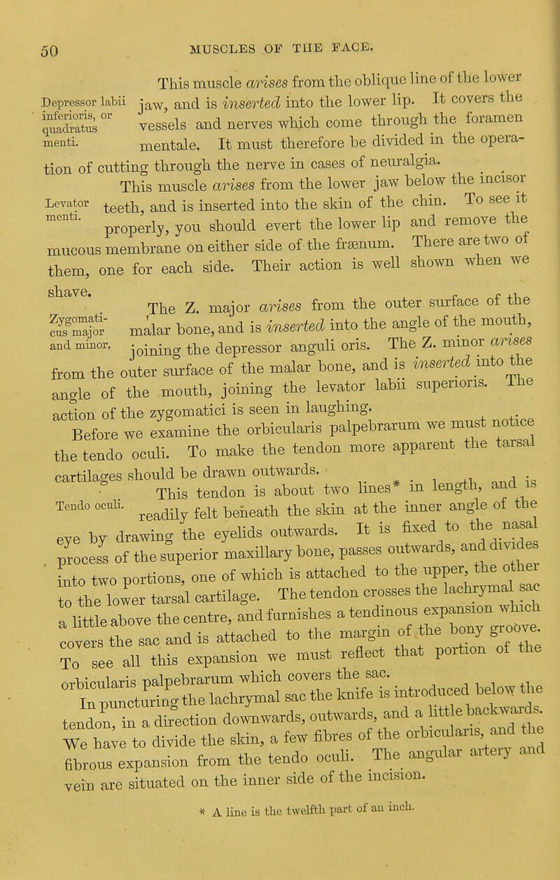 This muscle arises from the oblique line of the lower Depressor labii j^w, and is inserted into the lower lip. It covers the ^^^^ vessels and nerves which come through the foramen menti. mentale. It must therefore be divided in the opera- tion of cutting through the nerve in cases of neuralgia. ^ ^ This muscle arises from the lower jaw below the incisor I^'^^^to^ teeth, and is inserted into the skin of the chin. To see it properly, you should evert the lower lip and remove the mucous membrane on either side of the fr^num. There are two of them, one for each side. Their action is well shown when we ^^^^^* The Z. major arises from the outer surface of the S'Z? m^lar bone, and is inserted into the angle of the mouth, and miBor. • -^-^g depressor anguli oris. The Z. minor arises from the outer surface of the malar bone, and is mserfed into the angle of the mouth, joining the levator labii superioris. The action of the zygomatici is seen in laughing. Before we examine the orbicularis palpebrarum we must notice the tendo oculi. To make the tendon more apparent the tarsal cartilages should be drawn outwards. - * . , ^1, ^^a This tendon is about two hues* m length, and is Tendo ocuh. ^^^^ \,Qnes.\h the skin at the inner angle of the eve by drawing the eyelids outwards. It is fixed to the nasal ;roces' of the s^uperior maxillary bone, passes outwards, and dmdes ' Lo two portions, one of which is attached to the upper the other to the lower tarsal cartilage. The tendon crosses the lachrymal a a littleabove thecentre, andfurnishes ^tendinoj exp« covers the sac and is attached to the margin of the bony gioOve To see all this expansion we must reflect that portion of the orbicularis palpebrarum which covers the sac. irprcturing the lachrymal sac the Imife is introduced belo^v the ten^n in a direction doiwards, outwards, and a litt ebackwai-ds. hi to divide the skin, a few fibres of the orbicularis, aud the fibrous expansion from the tendo oculL The aoigular artery and veiD are situated on the inner side of the mcision. » A Uuo is the twelfth pai-t of an inch.