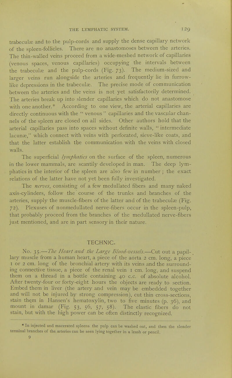 trabeculre and to the pulp-cords and supply the dense capillary network of the spleen-follicles. There are no anastomoses between the arteries. The thin-walled veins proceed from a wide-meshed network of capillaries (venous spaces, venous capillaries) occupying the intervals between the trabecule and the pulp-cords (Fig. 73). The medium-sized and larger veins run alongside the arteries and frequently He in furrow- like depressions in the trabecuhi:. The precise mode of communication between the arteries and the veins is not yet satisfactorily determined. The arteries break up into slender capillaries which do not anastomose with one another.* According to one view, the arterial capillaries are directly continuous with the  venous  capillaries and the vascular chan- nels of the spleen are closed on all sides. Other authors hold that the arterial capillaries pass into spaces without definite walls,  intermediate lacunae, which connect with veins with perforated, sieve-like coats, and that the latter establish the communication with the veins with closed walls. The superficial lymphatics on the surface of the spleen, numerous in the lower mammals, are scantily developed in man. The deep lym- phatics in the interior of the spleen are also feAV in number ; the exact relations of the latter have not yet been fully investigated. The nerves, consisting of a few medullated fibers and many naked axis-cylinders, follow the course of the trunks and branches of the arteries, supply the muscle-fibers of the latter and of the trabeculse (Fig. 72). Plexuses of nonmeduUated nerve-fibers occur in the spleen-pulp, that probably proceed from the branches of the medullated nerve-fibers just mentioned, and are in part sensory in their nature. TECHNIC. No. 35.—The Heart and the Large Blood-vessels.—Cut out a papil- _ lary muscle from a human heart, a piece of the aorta 2 cm. long, a piece I or 2 cm. long of the bronchial artery with its veins and the surround- ing connective tissue, a piece of the renal vein i cm. long, and suspend them on a thread in a bottle containing 40 c.c. of absolute alcohol. After twenty-four or forty-eight hours the objects are ready to section. Embed them in liver (the artery and vein may be embedded together and will not be injured by strong compression), cut thin cross-sections, stain them in Man.sen's hematoxylin, two to five minutes (p. 36), and mount in damar (Fig. 53, 56, 57, 58). The elastic fibers do not stain, but with the high power can be often distinctly recognized. *In injected and macerated spleens the pulp can be washed out, and then the slender terminal branches of the. arteries can be seen lying together in a leash or pencil.