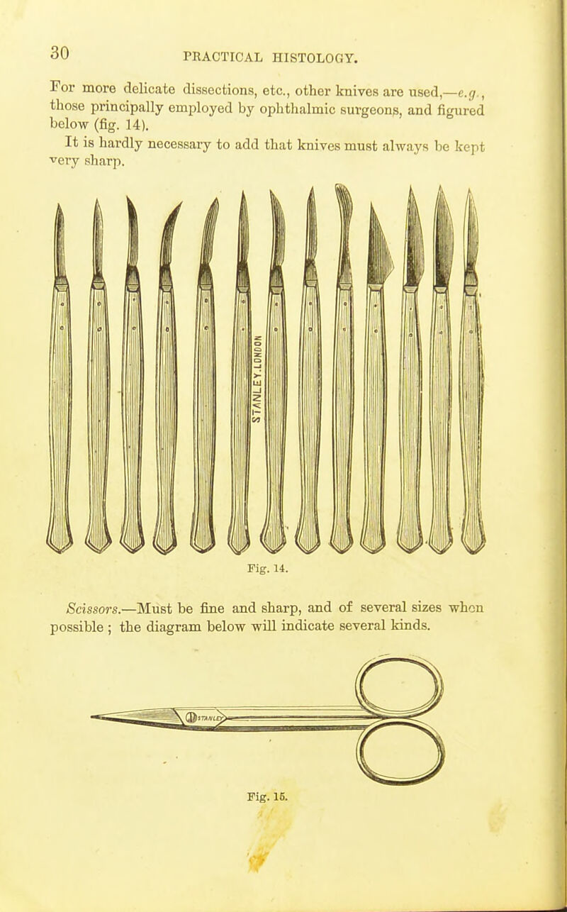 For more delicate dissections, etc., other knives are used,—e.//., those principally employed by ophthalmic surgeon^, and figured below (fig. 14). It is hardly necessary to add that knives must always be kept very sharp. Fig. 14. Scissors.—Must be fine and sharp, and of several sizes when possible ; the diagram below will indicate several kinds. Fig. 15.