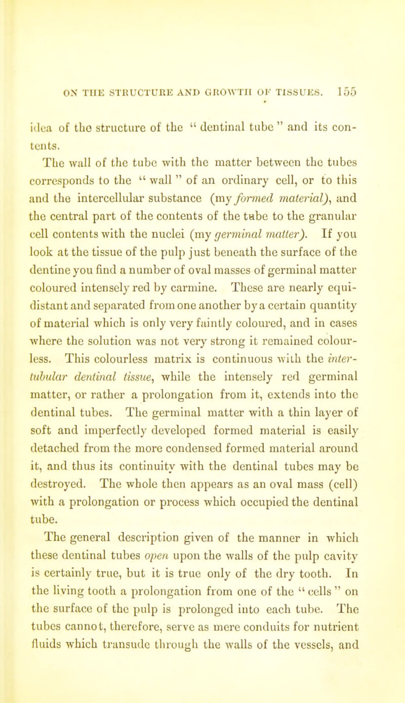 idea of tho structure of the  dentinal tube  and its con- tents. The wall of the tube with the matter between the tubes corresponds to the  wall  of an ordinary cell, or to this and the intercellular substance (my foinied material), and the central part of the contents of the tube to the granular cell contents with the nuclei (my germinal m.aUer). If you look at the tissue of the pulp just beneath the surface of the dentine you find a number of oval masses of germinal matter coloured intensely red by carmine. These are nearly equi- distant and separated from one another by a certain quantity of material which is only very faintly coloured, and in cases where the solution was not veiy strong it remained colour- less. This colourless matrix is continuous wiih the inler- iuhular dentinal tissue, while the intensely red germinal matter, or rather a prolongation from it, extends into the dentinal tubes. The germinal matter with a thin layer of soft and imperfectly developed formed material is easily detached from the more condensed formed material around it, and thus its continuity with the dentinal tubes may be destroyed. The whole then appears as an oval mass (cell) with a prolongation or process which occupied the dentinal tube. The general description given of the manner in which these dentinal tubes open upon the walls of the pulp cavity is certainly true, but it is true only of the dry tooth. In the living tooth a prolongation from one of the  cells  on the surface of the pulp is prolonged into each tube. The tubes cannot, therefore, serve as mere conduits for nutrient fluids which transude through the walls of the vessels, and