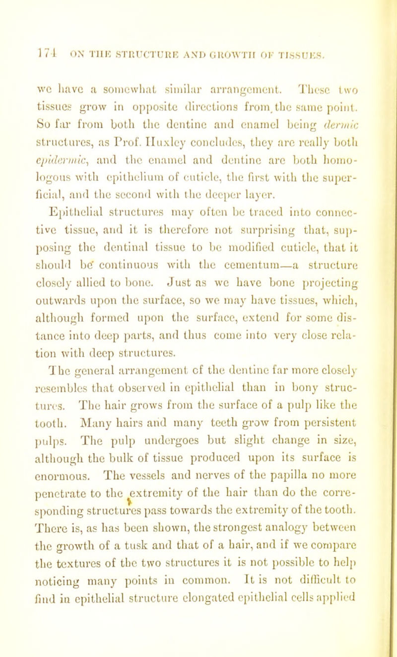 wc have ii soniuwliat siiiiilai- arrangement. 'i'Lesc two tissues grow in opposite dii'ections from,the same point. So far from both the dentine and enamel being dennic structures, as Prof. Iluxley conchidcs, they are really both Cjiideriinc^ and the enamel and dentine arc both lionjo- logous with epithelium of eutiele, the first with the super- fieial, and the seeond with the dccjier layer. Epitliclial structures may often be traced into connec- tive tissue, and it is therefore not surprising that, su])- posiug the dentinal tissue to be modified cuticle, that it should be' continuous with the cementura—a structure closely allied to bone. Just as we have bone [)rojecting outwards upon the surface, so we may have tissues, which, although foi'mcd upon the surface, extend for some dis- tance into deep parts, and thus come into very close rela- tion with deep structures. The general arrangement of the dentine far more closely resembles that observed in epithehal than in bony struc- tures. The hair grows from the surface of a pulp like the tooth. Many hairs and many teeth grow from persistent ]julps. The pulp undergoes but slight change in size, although the bulk of tissue produced upon its surface is enormous. The ves.sels and nerves of the papilla no more penetrate to the ^extremity of the hair than do the corre- sponding structures pass towards the extremity of the tooth. There is, as has been shown, the strongest analogy between the growth of a tusk and that of a hair, and if we compare the textures of the two structui-es it is not possible to help noticing many points in common. It is not diflicult to find ill epithelial structure elongated epithelial cells apjdied