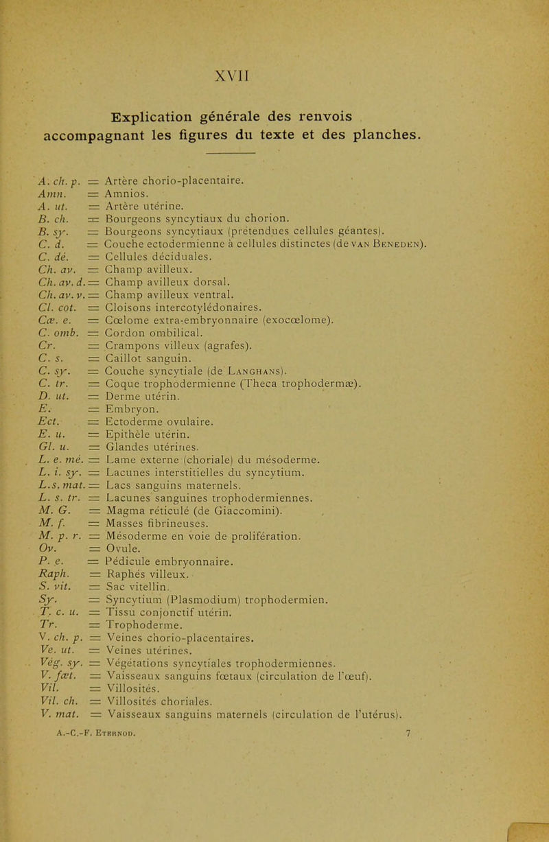Explication générale des renvois accompagnant les figures du texte et des planches. A. cit. p. — Artère chorio-placentaire. Aiiin. — Amnios. A. ut. — Artère utérine. B. cil. Bourgeons syncytiaux du chorion. B. sy. — Bourgeons syncytiaux (prétendues cellules géantes). C. cl. — Couche ectodermienne à cellules distinctes (de van Benedkn). C. dé. Cellules déciduales. Lit. av. - - Champ avilleux. Ch. av. d. Champ avilleux dorsal. Ch. av. V. — Champ avilleux ventral. Ll. cot. — Cloisons intercotylédonaires. Cœ. e. — Cœlome extra-embryonnaire (exocœlome). C. otnb. — Cordon ombilical. Cl. — Crampons vuleux (agraies). C. s. — Caillot sanguin. C. sy. — Couche syncytiale (de Langhans). C. Ir. — Coque trophodermienne ( l heca trophodermae). U. ut. — Derme utérin. iL , - hmbryon. hct. — Ectoderme ovulaire. £L. U. — Epithèle utérin. d. 11. — Glandes utérines. L. e. nié. — Lame externe (choriale) du mésoderme. L. i. sy. — Lacunes interstitielles du syncytium. L.s. mat. - Lacs sanguins maternels. L. s. tr. — Lacunes sanguines trophodermiennes. M. Lr. —- Magma réticule (de Ciaccomini). M. f. — Masses fibrineuses. M. p. r. — Mesoderme en voie de proliieration. Ov Ovule. P. e. Pédicule embryonnaire. Raph. Raphés villeux. S. vit. Sac vitellin. Sy. Syncytium (Plasmodium) trophodermien. T. c. u. Tissu conjonctif utérin. Tr. Trophoderme. V. ch. p. Veines chorio-placentaires. Ve. ut. Veines utérines. Vég. sy. Végétations syncytiales trophodermiennes. V.fœt. Vaisseaux sanguins fœtaux (circulation de l'œuf). Vil. Villosités. Vil. ch. Villosités choriales. V. mat. Vaisseaux sanguins maternels (circulation de l'utérus). A.-C.-F. Etbrnod. 7