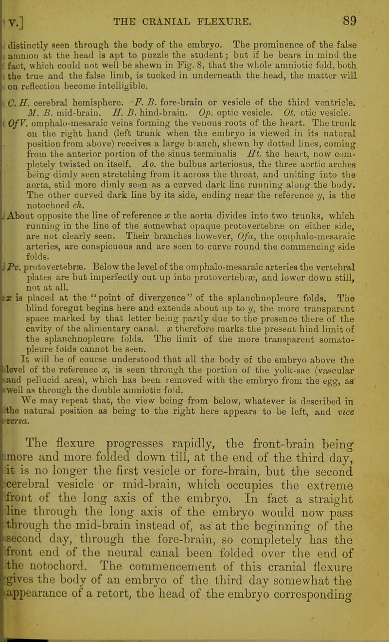 distinctly seen throufjh the body of the embryo. The prominence of the false aiiinioii at the head is apt to puzzle the student; but if he bears in mind the fact, which could not well be shewn in Fig. 8, that the whole amniotic fidd, both ; the true and the ftilse limb, is tucked in underneath the head, the matter will . on reflection become intelligible. iC.M. cerebral hemisphere, i''. 5. fore-brain or vesicle of the third ventricle, M. B. mid-bnun. H. B. hind-brain. Op. optic vesicle. Ot. otic vesicle. I OfV, omphalo-mesaraic veins forming the venous roots of the heart. The trunk on tlie right hand (left trunk when the embryo is viewed in its natural , position from above) receives a large b:anch, shewn by dotted lines, coming from the anterior portion of the sinus terminalis Ht. the heart, now com- pletely twisted on itself. Ao. the bulbus arteriosus, the three aortic arches being dimly seen stretching from it across the throat, and uniting into the aorta, sti.l more dimly seen as a curved dark line running along the body. The other curved dark line by its side, ending near the reference y, is the notochord ch. £ About opposite the line of reference x the aorta divides into two trunks, which ruiming in the line of the somewhat opaque protovertebne on either side, are not clearly seen. Their branches liowever, Ofa, the ojjiphalo-mesaraic arteries, are conspicuous and are seen to curve round the commencing side folds. iPv. protovertebrse. Below the level of the omphalo-mesaraic arteries the vertebral plates are but imperfectly cut up into protovertebise, and lower down still, not at all. tie is placed at the point of divergence of the splanchnopleure folds. The blind foregut begins here and extends about up to y, the more transparent space marked by that letter being partly due to tlie presence there of the cavity of the alimentary canal, x therefore marks the present hind limit of the splanchnopleure iblds. The limit of the more transparent somato- pleure folds cannot be si-'en. It will be of course understood that all the body of the embryo above the devel of the reference x, is seen through the portion of the yolk-sac (vascular land pellucid area), which has been removed with the embryo from the egg, as •well as through the double amniotic fold. We may repeat that, the view being from below, whatever is described in tthe natural position as being to the right here appears to be left, and vice >versa. The flexure progresses rapidly, the front-brain being more and more folded down till, at the end of the third day, it is no longer the first vesicle or fore-brain, but the second ^cerebral vesicle or mid-brain, which occupies the extreme front of the long axis of the embryo. In fact a straight line through the long axis of the embryo would now pass through the mid-brain instead of, as at the beginning of the '■second day, through the fore-brain, so completely has the ifront end of the neural canal been folded over the end of the notochord. The commencenient of this cra,nial flexure [gives the body of an embryo of the third day somewhat the lappearance of a retort, the head of the embryo corresponding