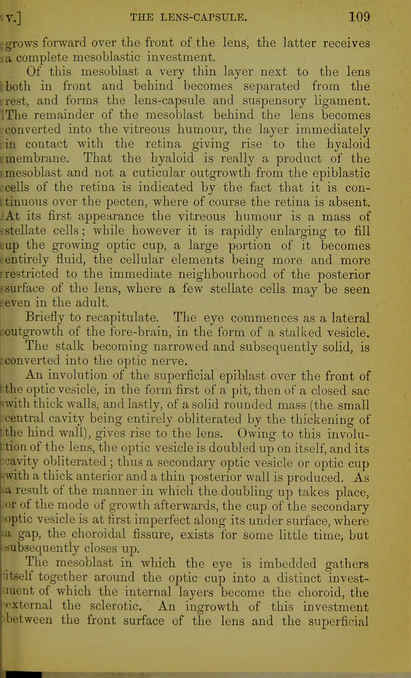 ,grows forward over the front of the lens, the latter receives ..a complete mesoblastic investment. Of this mesoblast a very thin layer next to the lens iboth in front and behind becomes separated from the ! rest, and forms the lens-capsule and suspensory ligament. ;The remainder of the mesoblast behind the lens becomes [■converted into the vitreous humour, the layer immediately rin contact with the retina giving rise to the hyaloid rmembrane. That the hyaloid is really a product of the I mesoblast and not a cuticular outgrowth from the epiblastic icells of the retina is indicated by the fact that it is con- ttinuous over the pecten, where of course the retina is absent. .At its first appearance the vitreous humour is a mass of ^stellate cells; while however it is rapidly enlarging to fill lup the growing optic cup, a large portion of it becomes I entirely fluid, the cellular elements being more and more r restricted to the immediate neighbourhood of the posterior ssurface of the lens, where a few stellate cells may be seen eeven in the adult. Briefly to recapitulate. The eye commences as a lateral toutgrowth of the fore-brain, in the form of a stalked vesicle. The stalk becoming narrowed and subsequently solid, is :converted into the optic nerve. An involution of the superficial epiblast over the front of [the optic vesicle, in the form first of a pit, then of a closed sac nwith thick walls, and lastly, of a solid rounded mass (the small ■central cavity being entirely obliterated by the thickening of ;the hind wall), gives rise to the lens. Owing to this involu- ;tion of the lens, the optic vesicle is doubled up on itself, and its 'cavity obliterated; thus a secondary optic vesicle or optic cup ■ with a thick anterior and a thin posterior wall is produced. As .a result of the manner in which the doubling up takes place, -or of the mode of growth afterwards, the cup of the secondary optic vesicle is at first imperfect along its under surface, where a gap, the choroidal fissure, exists for some little time, but subsequently closes up. The mesoblast in which the eye is imbedded gathers itself together around the optic cup into a distinct invest- ment of which the internal layers become the choroid, the ^!Xternal the sclerotic. An ingrowth of this investment bet ween the front surface of the lens and the superficial