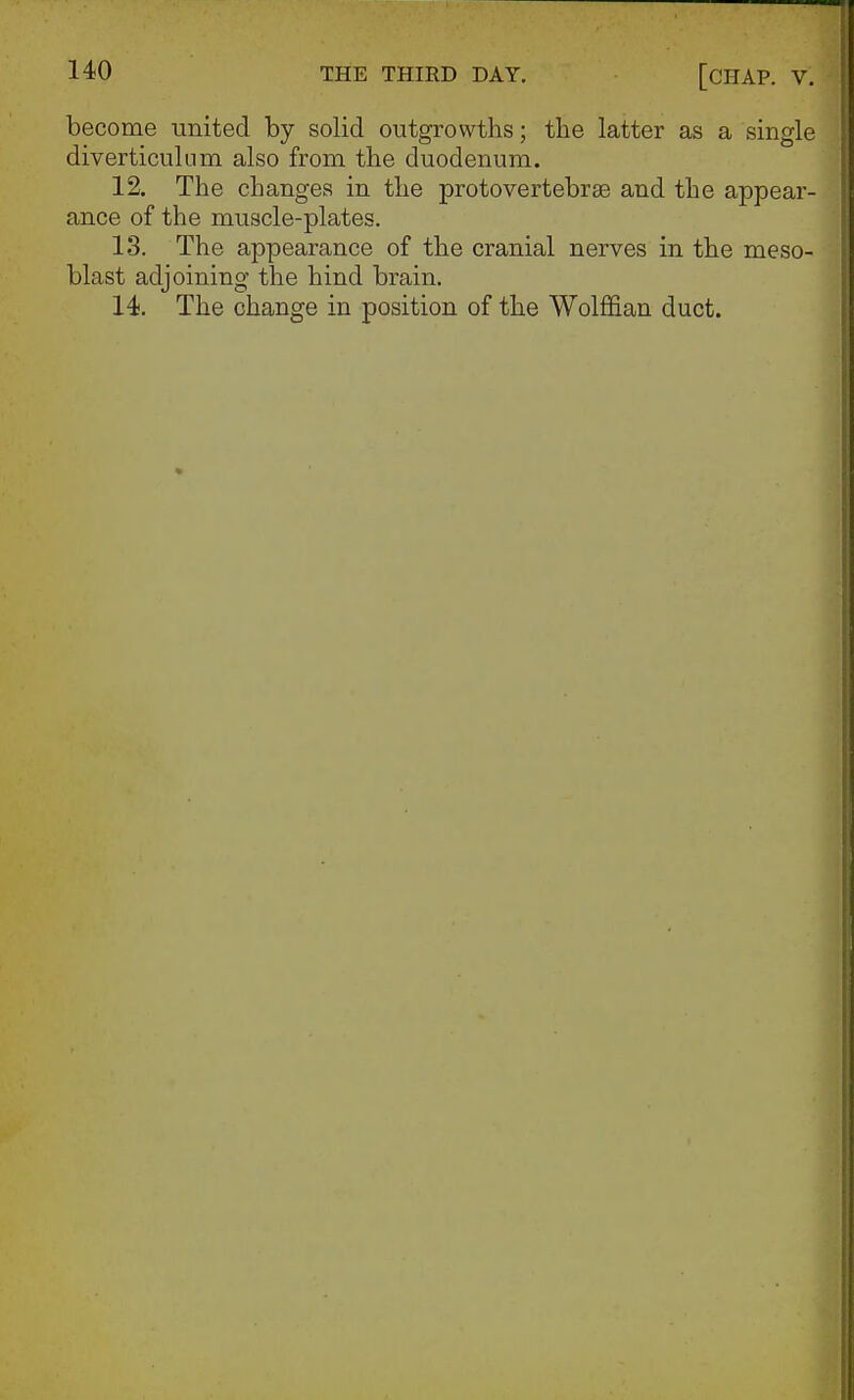 become united by solid outgrowths; the latter as a single diverticulam also from the duodenum. 12. The changes in the protovertebrte and the appear- ance of the muscle-plates. 13. The appearance of the cranial nerves in the meso- blast adjoining the hind brain. 14. The change in position of the Wolffian duct.