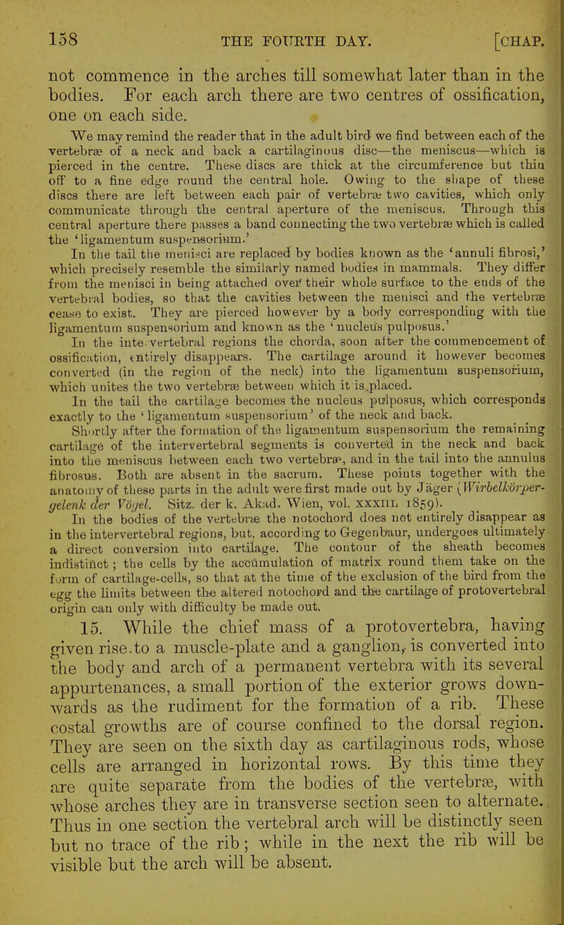 not commence in the arches till somewhat later than in the bodies. For each arch there are two centres of ossification, one on each side. We may remind the reader that in the adult bird we find between each of the vertebra? of a neck and back a cartilaginous disc—the meniscus—which is pierced in the centre. These discs are thick at the circumference but thin off to a fine edge round the central hole. Owing to the shape of these discs there are left between each pair of vertebra; two cavities, which only communicate through the central aperture of the meniscus. Through this central aperture there passes a band connecting the two vertebraj which is called the 'ligamentum suspensorium.' In the tail the ineni,-ci are replaced by bodies known as the 'annuli fibrosi,' which precisely resemble the similarly named bodies in mammals. They differ from the menisci in being attached ovei' tlieir whole surface to the ends of the vertebral bodies, so that the cavities between the menisci and the vertebrae cease to exist. They are pierced however by a body corresponding with the ligamentum suspen^orium and known as the 'nucleus pulposus.' In the inte. vertebral regions the chorda, soon after the commencement of ossification, tntirely disappears. The cartilage around it liowever becomes converted (in the region of the neck) into the ligamentum suspensofium, which unites the two vertebrae between which it is.placed. In the tail the cartilage becomes the nucleus pulposus, which corresponds exactly to the ' ligamentum suspensorium' of the neck and back. Sbirtly after the formation of the ligamentum suspensorium the remaining cartilage of the intervertebral segments is converted in the neck and back into the meniscus between each two vertebrap, and in the tail into the annulus fibrosus. Both are absent in the sacrum. These points together with the anatomy of these parts in the adult were first made out by Jiiger {Wirhclkorper- gelenk der Vwjel. Sitz. der k. Akad. Wien, vol. xxxiii. 1859). In the bodies of the vertebrie the notochord does not entirely disappear as in the intervertebral regions, but, according to Gegenbaur, undergoes ultimately a direct conversion into cartilage. The contour of the sheath becomes indistiilct; the cells by the accumulation of matrix round them take on the form of cartilage-cells, so that at the time of the exclusion of the bird from the egg the limits between th« altered notochord and the cartilage of protovertebral origin can only with difficulty be made out. 15. While the chief mass of a protovertebra, having given rise.to a muscle-plate and a ganglion,-is converted into the body and arch of a permanent vertebra with its several appm'tenances, a small portion of the exterior grows down- wards as the rudiment for the formation of a rib. These costal growths are of course confined to the dorsal They are seen on the sixth day as cartilaginous rods, whose cells are arranged in horizontal rows. By this time they are quite separate from the bodies of the vertebrte, with whose arches they are in transverse section seen to alternate., Thus in one section the vertebral arch will be distinctly seen but no trace of the rib; while in the next the rib will be visible but the arch will be absent.