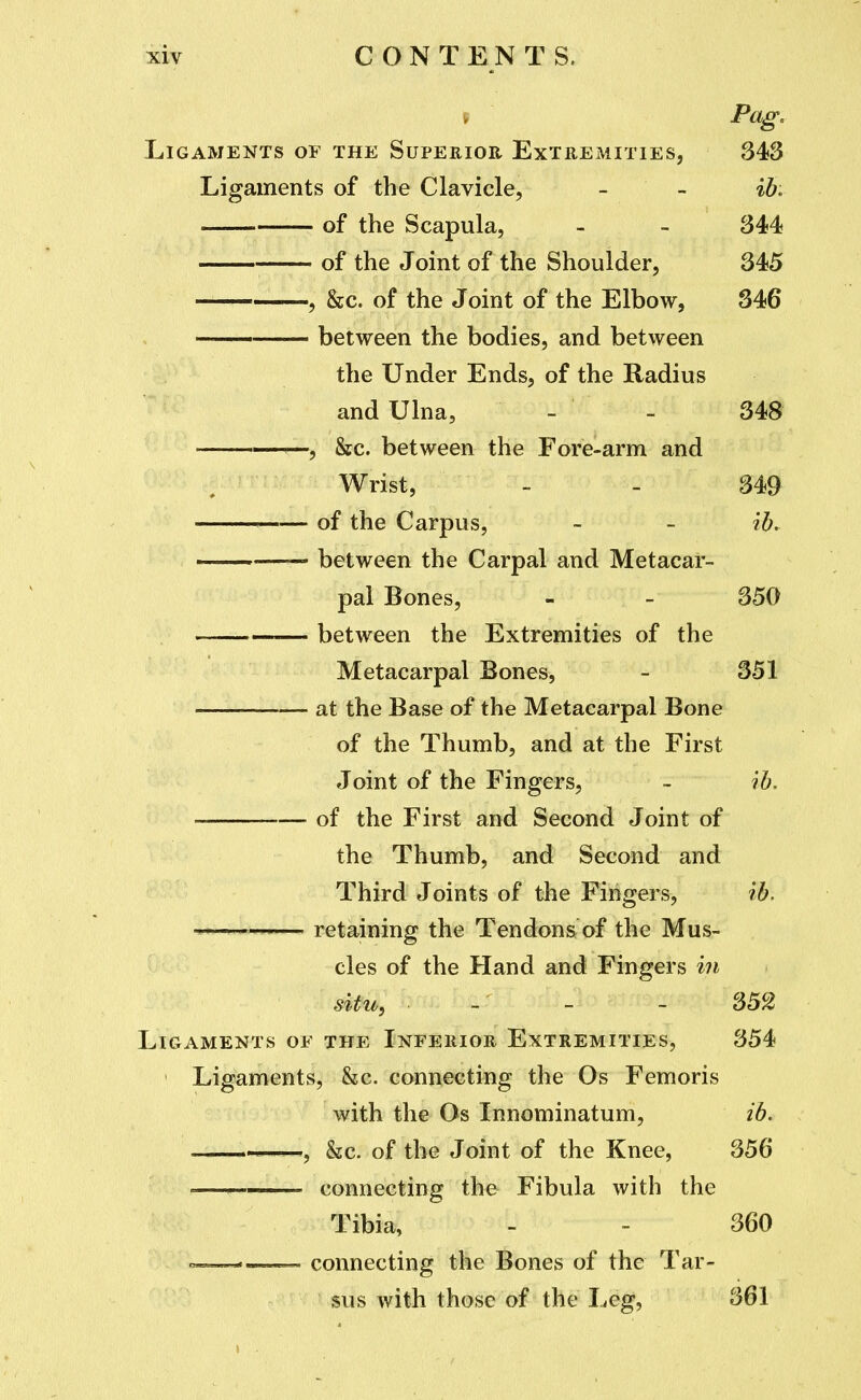 V Pag. Ligaments of the Superior Extremities, 343 Ligaments of the Clavicle, - - ib: of the Scapula, - - 344 of the Joint of the Shoulder, 345 , &c. of the Joint of the Elbow, 346 — between the bodies, and between the Under Ends, of the Radius and Ulna, - - 348 —, &c. between the Fore-arm and Wrist, - - 349 of the Carpus, - - ih. between the Carpal and Metacar- pal Bones, - - 350 — between the Extremities of the Metacarpal Bones, - 351 at the Base of the Metacarpal Bone of the Thumb, and at the First Joint of the Fingers, - ih, of the First and Second Joint of the Thumb, and Second and Third Joints of the Fingers, ib, retaining the Tendons of the Mus- cles of the Hand and Fingers in situ, - - - 352 Ligaments of the Inferior Extremities, 354 Ligaments, &c. connecting the Os Femoris with the Os Innominatum, ib. —, &c. of the Joint of the Knee, 356 '—^ connecting the Fibula with the Tibia, - - 360 ™^—^ connecting the Bones of the Tar- sus with those of the Leg, 361