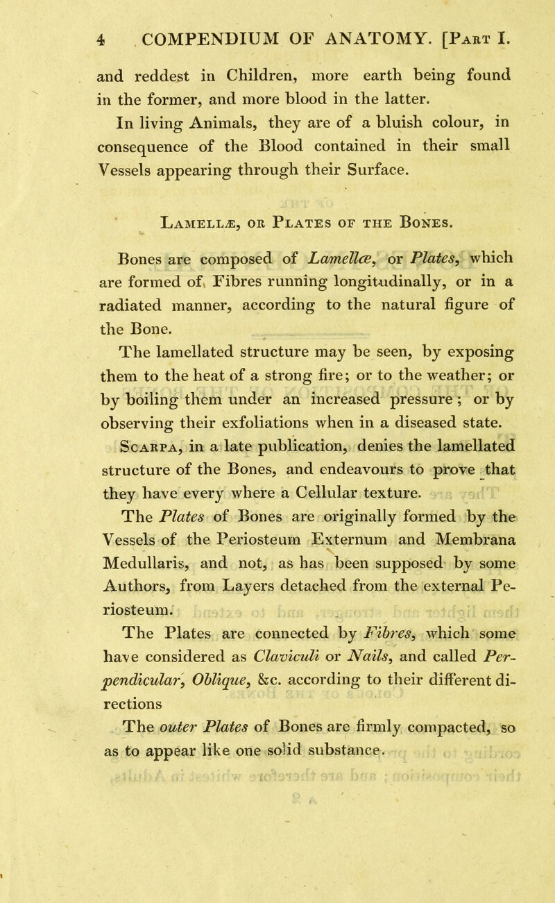 and reddest in Children, more earth being found in the former, and more blood in the latter. In living Animals, they are of a bluish colour, in consequence of the Blood contained in their small Vessels appearing through their Surface. Lamellae, or Plates of the Bones. Bones are composed of Lamellce, or Plates, which are formed of, Fibres running longitAidinally, or in a radiated manner, according to the natural figure of the Bone. The lamellated structure may be seen, by exposing them to the heat of a strong fire; or to the weather; or by boiling them under an increased pressure; or by observing their exfoliations when in a diseased state. Scarpa, in a late publication, denies the lamellated structure of the Bones, and endeavours to prove that they have every where a Cellular texture. The Plates of Bones are originally formed by the Vessels of the Periosteum Externum and Membrana MeduUaris, and not, as has been supposed by some Authors, from Layers detached from the external Pe- riosteum. The Plates are connected by Fibres, which some have considered as Claviculi or Nails, and called Per- pendicular, Oblique, &c. according to their different di- rections The outer Plates of Bones are firmly compacted, so as to appear like one solid substance.