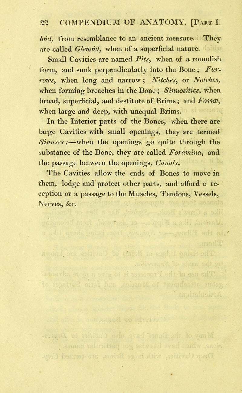 loid, from resemblance to an ancient measure. They are called Glenoid, when of a superficial nature. Small Cavities are named Pits, when of a roundish form, and sunk perpendicularly into the Bone ; Fur- rows, when long and narrow; Nitches, or Notches, when forming breaches in the Bone; Sinuosities, when broad, superficial, and destitute of Brims; and Fosscb, when large and deep, with unequal Brims. In the Interior parts of the Bones, when there are large Cavities with small openings, they are termed Sinuses;—when the openings go quite through the substance of the Bone, they are called Foramina, and the passage between the openings. Canals. The Cavities allow the ends of Bones to move in them, lodge and protect other parts, and afford a re- ception or a passage to the Muscles, Tendons, Vessels, Nerves, &c.