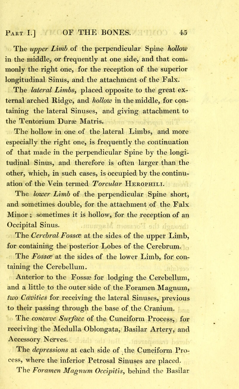 The upper Limb of the perpendicular Spine hollow in the middle, or frequently at one side, and that com- monly the right one, for the reception of the superior longitudinal Sinus, and the attachment of the Falx. The lateral Limbs, placed opposite to the great ex- ternal arched Ridge, and hollozv in the middle, for con- taining the lateral Sinuses, and giving attachment to the Tentorium Durae Matris. The hollow in one of the lateral Limbs, and more especially the right one, is frequently the continuation of that made in the perpendicular Spine by the longi- tudinal Sinus, and therefore is often larger than the other, which, in such cases, is occupied by the continu- ation of the Vein termed Torcular Herophili. The lower Limb of the perpendicular Spine short, and sometimes double, for the attachment of the Falx Minor ; sometimes it is hollow, for the reception of an Occipital Sinus. The Cerebral Fossce at the sides of the upper Limb, for containing the posterior Lobes of the Cerebrum. The FosscB at the sides of the lower Limb, for con- taining the Cerebellum. Anterior to the Fossae for lodging the Cerebellum, and a little to the outer side of the Foramen Magnum, two Cavities for receiving the lateral Sinuses, previous to their passing through the base of the Cranium. The concave Surface of the Cuneiform Process, for receiving the Medulla Oblongata, Basilar Artery, and Accessory Nerves. The depressions at each side of the Cuneiform Pro- cess, where the inferior Petrosal Sinuses are placed. The Foramen Magnum Occipitis, behind the Basilar