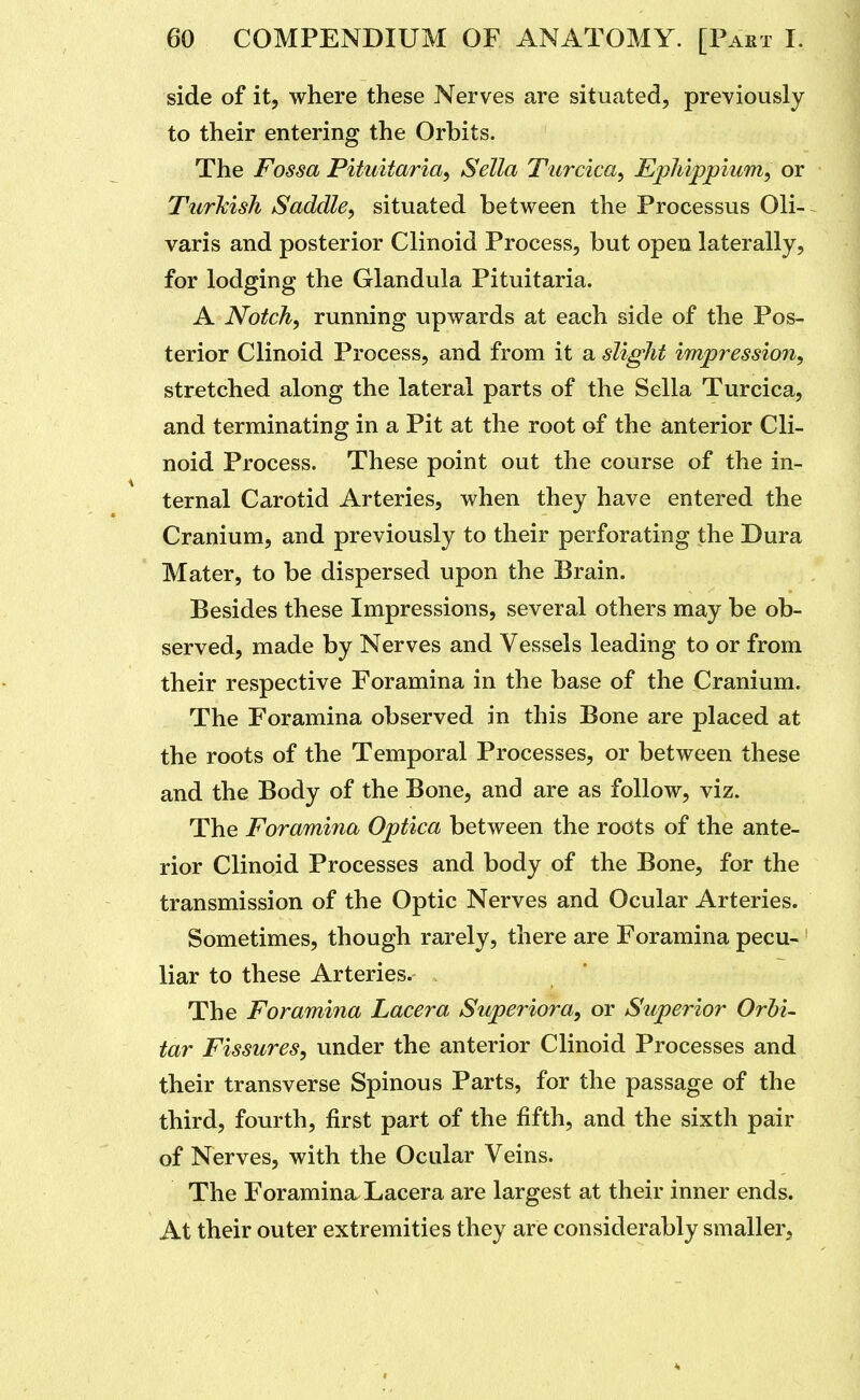side of it, where these Nerves are situated, previously to their entering the Orbits. The Fossa Pituitaria^ Sella Turcica^ Epliippium^ or Turkish Saddle^ situated between the Processus Oli- varis and posterior Clinoid Process, but open laterally, for lodging the Glandula Pituitaria. A Notch^ running upwards at each side of the Pos- terior Clinoid Process, and from it a slight impression, stretched along the lateral parts of the Sella Turcica, and terminating in a Pit at the root of the anterior Cli- noid Process. These point out the course of the in- ternal Carotid Arteries, when they have entered the Cranium, and previously to their perforating the Dura Mater, to be dispersed upon the Brain. Besides these Impressions, several others may be ob- served, made by Nerves and Vessels leading to or from their respective Foramina in the base of the Cranium. The Foramina observed in this Bone are placed at the roots of the Temporal Processes, or between these and the Body of the Bone, and are as follow, viz. The Foramina Optica between the roots of the ante- rior Clinoid Processes and body of the Bone, for the transmission of the Optic Nerves and Ocular Arteries. Sometimes, though rarely, there are Foramina pecu- liar to these Arteries. The Foramina Lacera Superior a, or Superior Orhi- tar Fissures, under the anterior Clinoid Processes and their transverse Spinous Parts, for the passage of the third, fourth, first part of the fifth, and the sixth pair of Nerves, with the Ocular Veins. The Foramina. Lacera are largest at their inner ends. At their outer extremities they are considerably smaller,