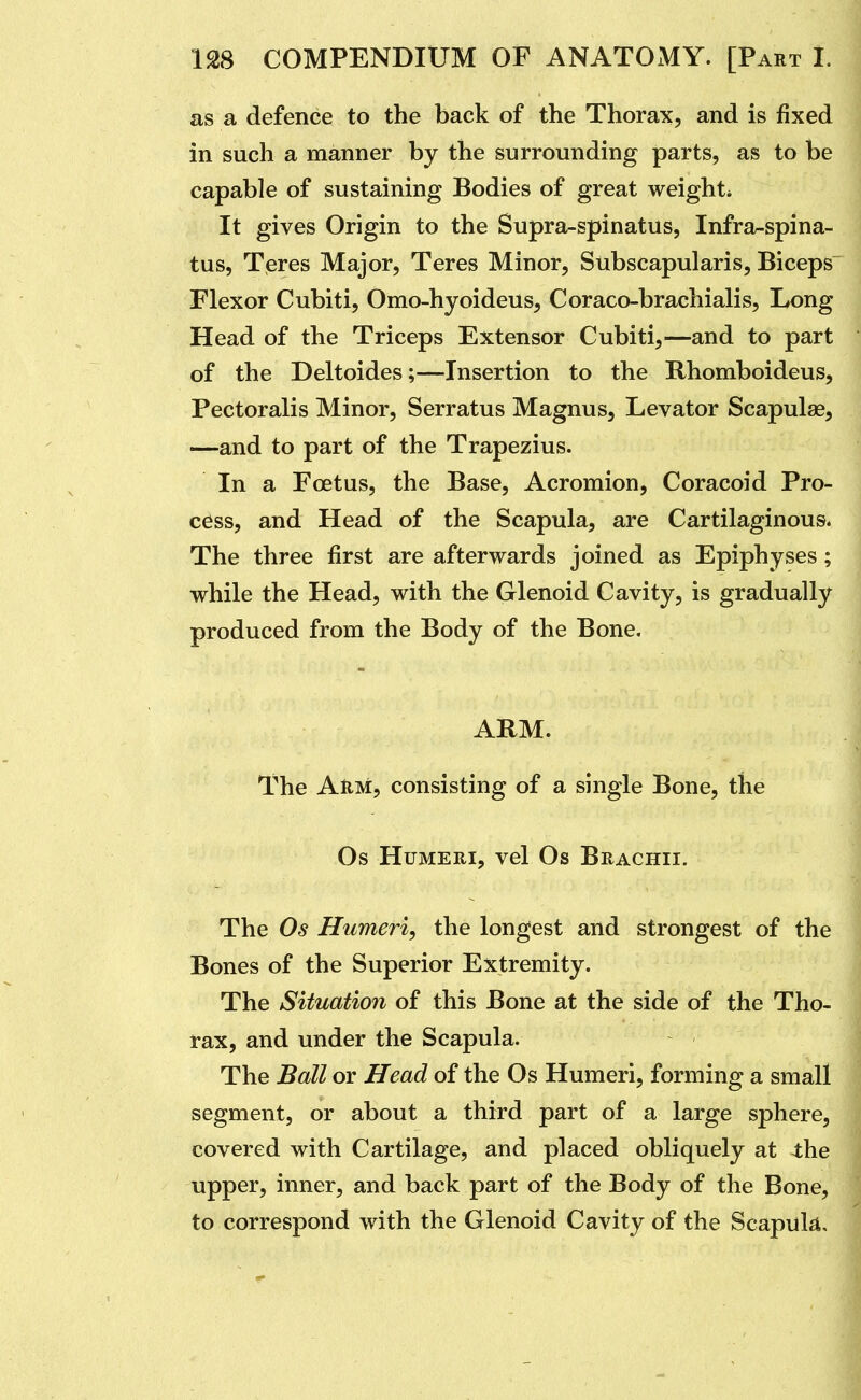 as a defence to the back of the Thorax, and is fixed in such a manner by the surrounding parts, as to be capable of sustaining Bodies of great weight* It gives Origin to the Supra-spinatus, Infra-spina- tus, Teres Major, Teres Minor, Subscapularis, Biceps Flexor Cubiti, Omo-hyoideus, Coraco-brachialis, L^ong Head of the Triceps Extensor Cubiti,—and to part of the Deltoides;—Insertion to the Rhomboideus, Pectoralis Minor, Serratus Magnus, Levator Scapulae, —and to part of the Trapezius. In a Foetus, the Base, Acromion, Coracoid Pro- cess, and Head of the Scapula, are Cartilaginous. The three first are afterwards joined as Epiphyses; while the Head, with the Glenoid Cavity, is gradually produced from the Body of the Bone. ARM. The AHM, consisting of a single Bone, the Os Humeri, vel Os Brachii. The Os Humeri, the longest and strongest of the Bones of the Superior Ex:tremity. The Situation of this Bone at the side of the Tho- rax, and under the Scapula. The Ball or Head of the Os Humeri, forming a small segment, or about a third part of a large sphere, covered with Cartilage, and placed obliquely at the upper, inner, and back part of the Body of the Bone, to correspond with the Glenoid Cavity of the Scapula.