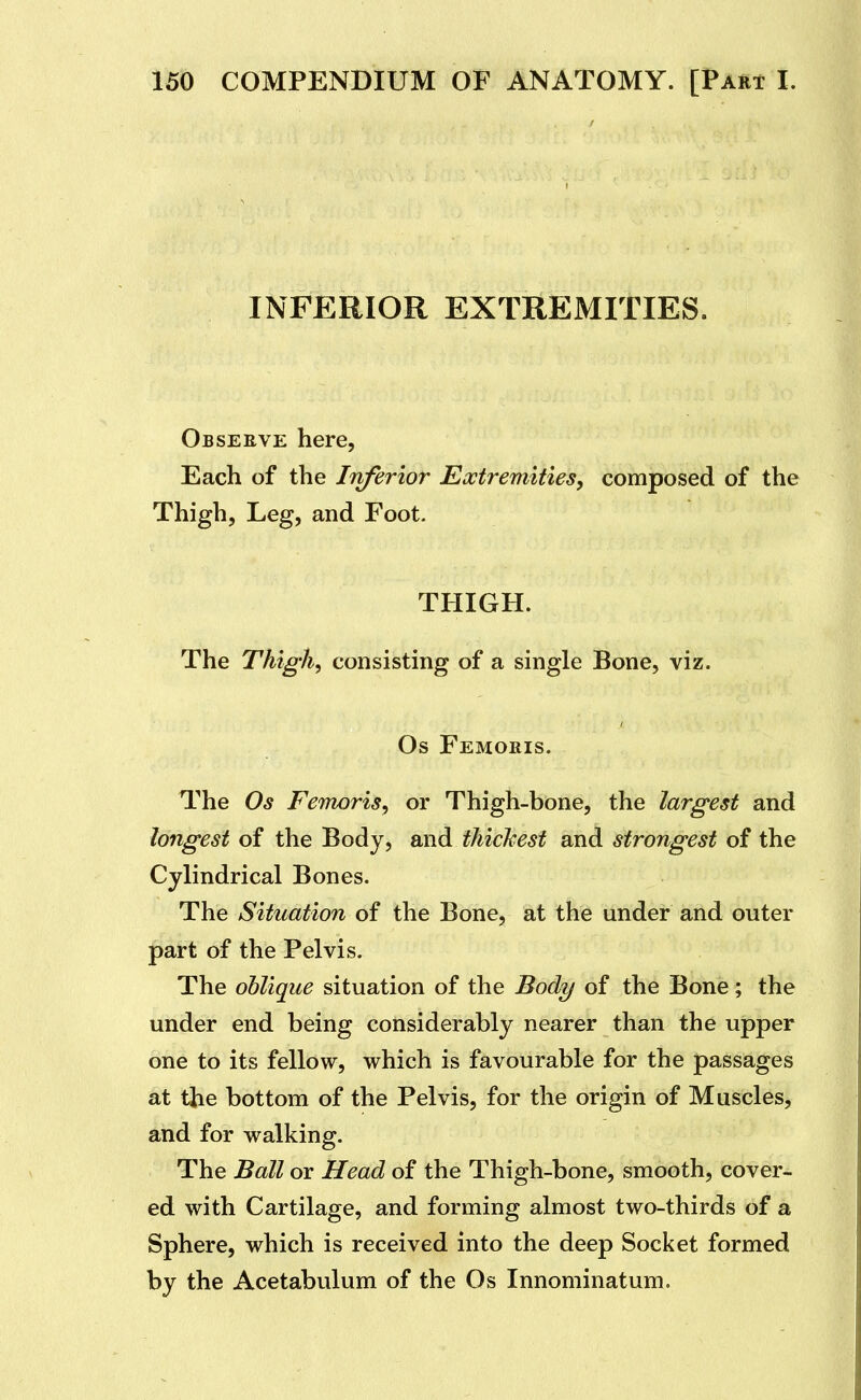 INFERIOR EXTREMITIES. Obseeve here, Each of the Inferior Extremitiesy composed of the Thigh, Leg, and Foot. THIGH. The Thigh, consisting of a single Bone, viz. Os Femoris. The Os Femoris, or Thigh-bone, the largest and longest of the Body, and thickest and strongest of the Cylindrical Bones. The Situation of the Bone, at the under and outer part of the Pelvis. The oblique situation of the Bod?/ of the Bone; the under end being considerably nearer than the upper one to its fellow, which is favourable for the passages at the bottom of the Pelvis, for the origin of Muscles, and for walking. The Ball or Head of the Thigh-bone, smooth, cover- ed with Cartilage, and forming almost two-thirds of a Sphere, which is received into the deep Socket formed by the Acetabulum of the Os Innominatum.