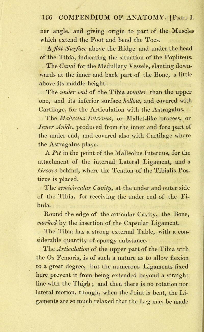 ner angle, and giving origin to part of the Muscles which extend the Foot and bend the Toes. A fiat Surface above the Ridge and under the head of the Tibia, indicating the situation of the Popliteus. The Canal for the Medullary Vessels, slanting down- wards at the inner and back part of the Bone, a little above its middle height. The under end of the Tibia smaller than the upper one, and its inferior surface hollow^ and covered with Cartilage, for the Articulation with the Astragalus. The Malleolus Internus^ or Mallet-like process, or Inner AnTde^ produced from the inner and fore part of the under end, and covered also with Cartilage where the Astragalus plays. A Pit in the point of the Malleolus Internus, for the attachment of the internal Lateral Ligament, and a Groove behind, where the Tendon of the Tibialis Pos- ticus is placed. The semicircular Cavity, at the under and outer side of the Tibia, for receiving the under end of the Fi- bula. Round the edge of the articular Cavity, the Bone, marTced by the insertion of the Capsular Ligament. The Tibia has a strong external Table, with a con- siderable quantity of spongy substance. The Articulation of the upper part of the Tibia with the Os Femoris, is of such a nature as to allow flexion to a great degree, but the numerous Ligaments fixed here prevent it from being extended beyond a straight line with the Thigh ; and then there is no rotation nor lateral motion, though, when the Joint is bent, the Li- gaments are so much relaxed that the Leg may be made