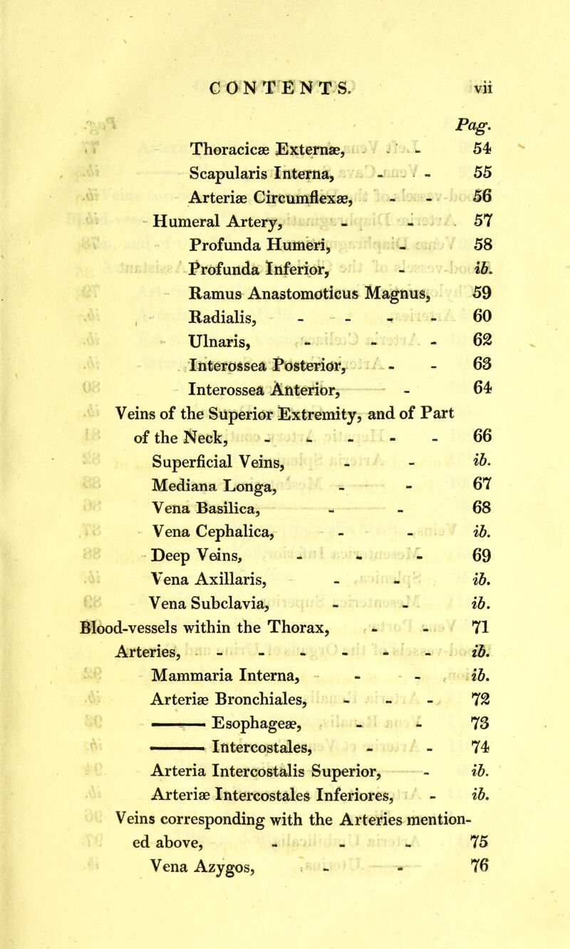 Pag. Thoracicae Externae, — 54 Scapularis Interna, - - 55 Arteriae Circumflexae, - - 56 Humeral Artery, - - .57 Profunda Humeri, - 58 Profunda Inferior, - ib. Ramus Anastomoticus Magnus, 59 Radialis, - - - - 60 Ulnaris, m itta - 62 Interossea Posterior, 63 Interossea Anterior, - 64 Veins of the Superior Extremity, and of Part of the Neck, - - - - - 66 Superficial Veins, - - Mediana Longa, - - 67 Vena Basilica, - - 68 Vena Cephalica, - - ib. Deep Veins, - *■ - 69 Vena Axillaris, - - ib. Vena Subclavia, - - ib. Blood-vessels within the Thorax, - - 71 Arteries, - - * - - - ib. Mammaria Interna, - - ib. Arteriae Bronchiales, - - - 72 Esophagea?, - £ 73 ■ Intercostales, - 74 Arteria Intercostalis Superior, - ib. Arteriae Intercostales Inferiores, - ib. Veins corresponding with the Arteries mention- ed above, - - - 75 Vena Azygos, *- - 76