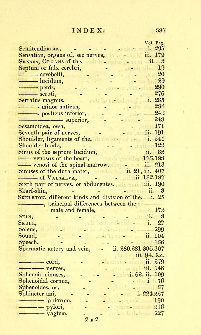 Vol. Pag. Semitendinosus, i. 295 Sensation, organs of, see nerves, - iii. 179 Senses, Organs of the, - - ii. 3 Septum or falx cerebri, - - 19 cerebelli, 20 lucidum, - 29 penis, - 290 scroti, - - - 276 Serratus magnus, - - - i. 235 minor anticus, - - 234 posticus inferior, 242 superior, - - - 243 Sesamoidea, ossa, - - - 171 Seventh pair of nerves, - - iii. 191 Shoulder, ligaments of the, - - - i. 344 Shoulder blade, - - ~ - 122 Sinus of the septum lucidum, - - ii. 32 venosus of the heart, - 175.183 —— venosi of the spinal marrow, - iii. 213 Sinuses of the dura mater, - ii. 21, iii. 407 of Valsalva, - - ii. 182.187 Sixth pair of nerves, or abducentes, - iii. 190 Skarf-skin, - - - ii. 3 Skeleton, different kinds and division of the, i. 25 ■- , principal differences between the male and female, - 172 Skin, - - - ii. 3 Skull, - - - - i. 27 Soleus, - 299 Sound, - - - - ii. 104 Speech, - 156 Spermatic artery and vein, - ii. 280.281.306.307 iii. 94, &c. cord, - - - ii. 279 nerves, - iii. 246 Sphenoid sinuses, i. 62, ii. 109 Sphenoidal cornua, - - - i. 76 Sphenoides, os, - 57 Sphincter ani, i. 224.227 ■ — labiorum, - - - - 190 pylori, - - - 216 • vaginae, - 227 2 b 2